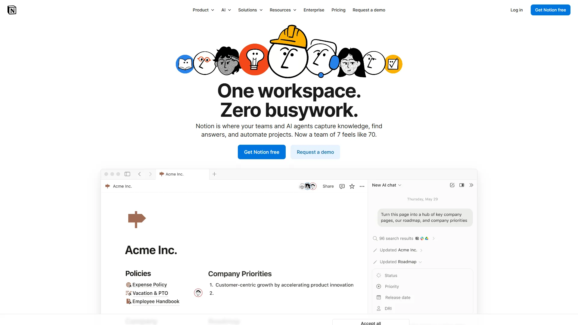 Notion homepage displaying the all-in-one workspace combining notes, databases, and project management