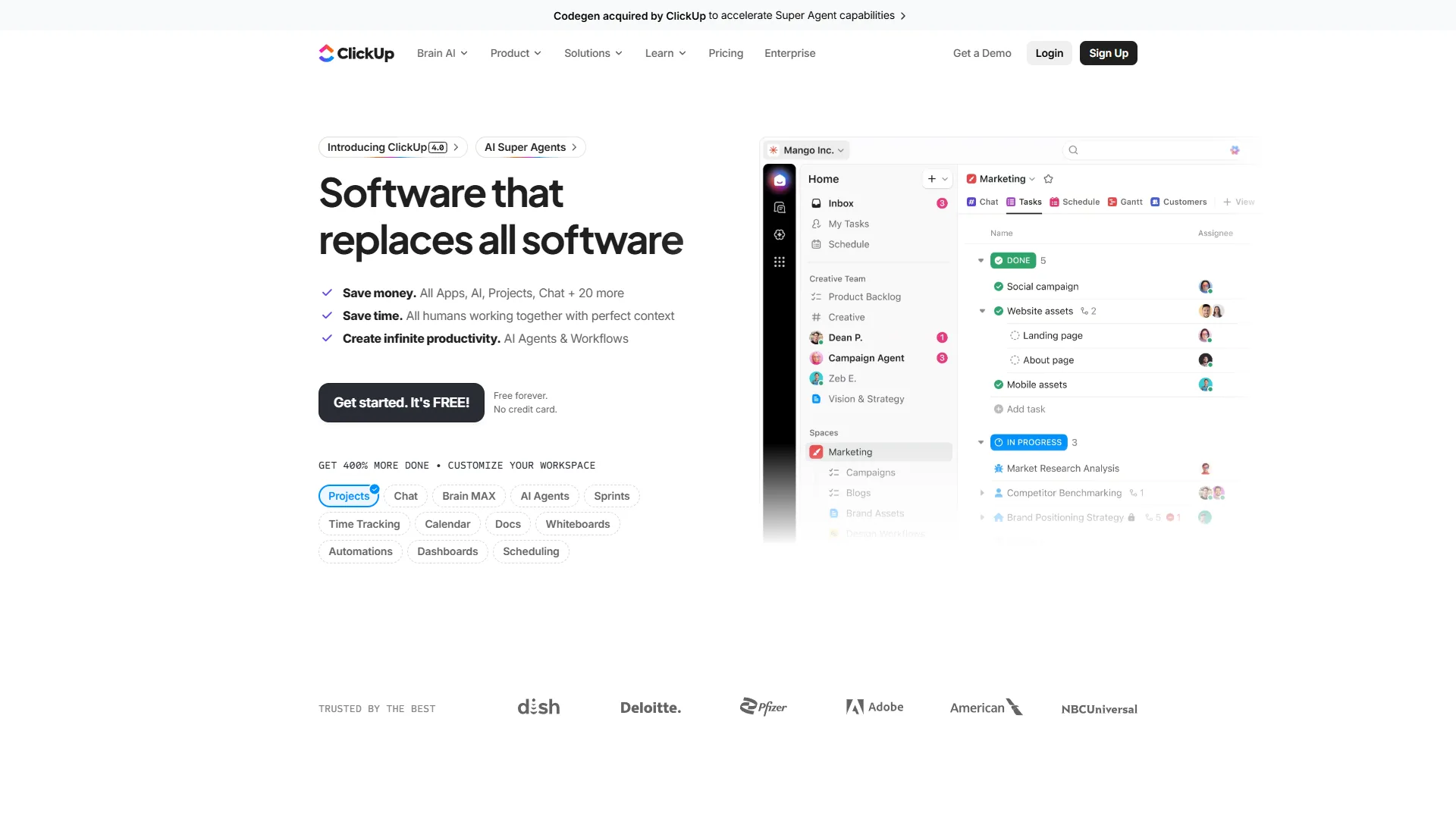 ClickUp homepage showcasing the all-in-one productivity platform with tasks, docs, and whiteboard features