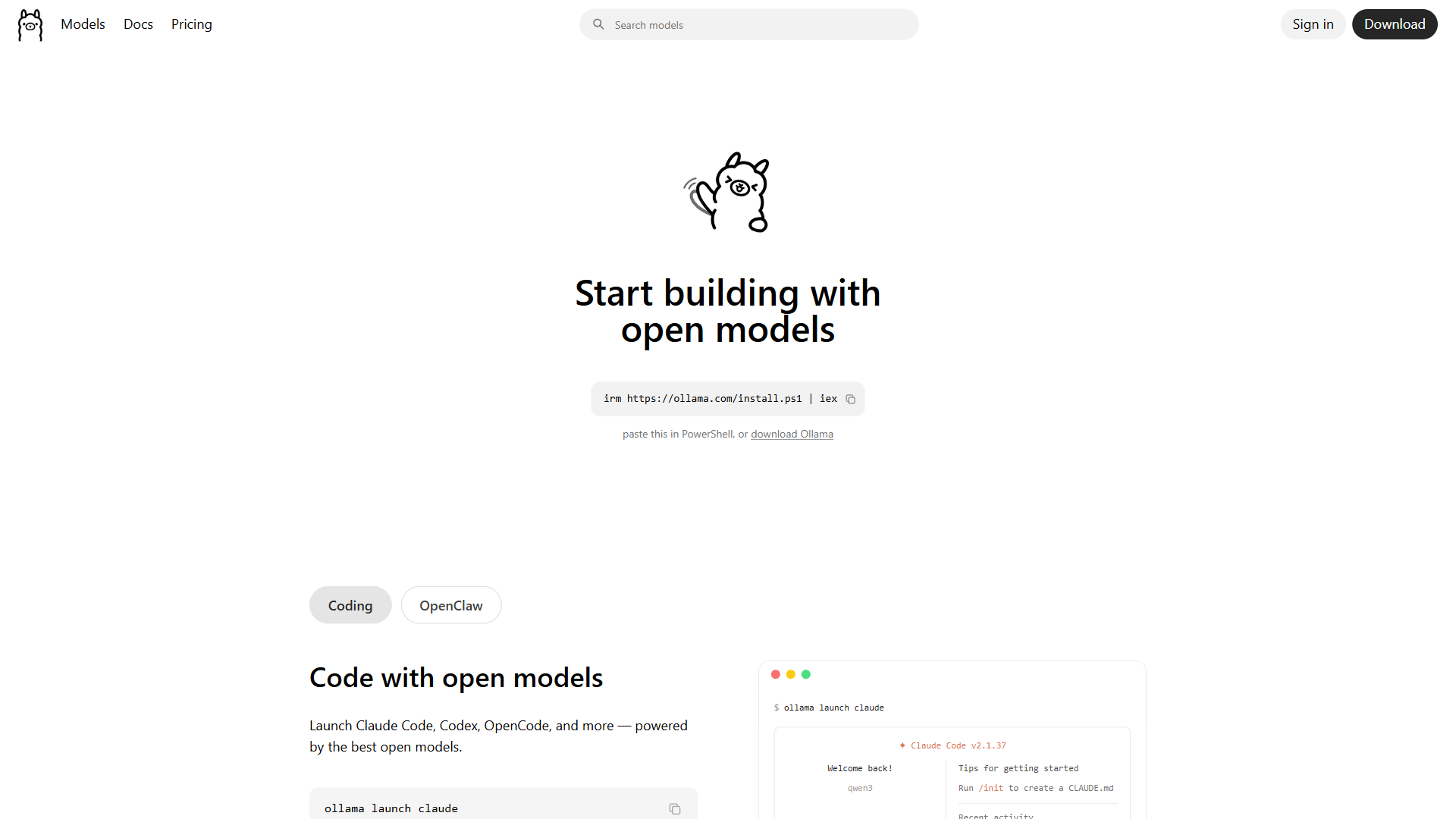 Ollama homepage with model library showing available models and download counts