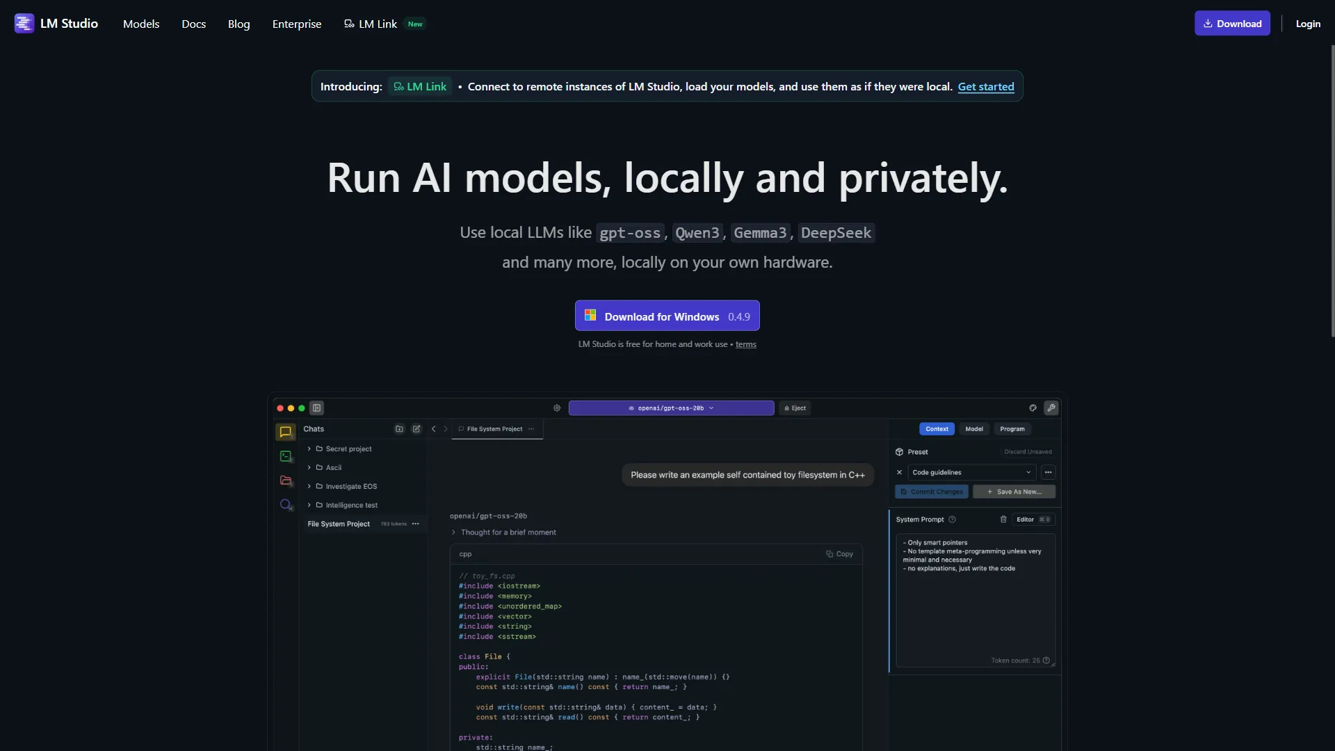 LM Studio desktop application showing model browser and chat interface