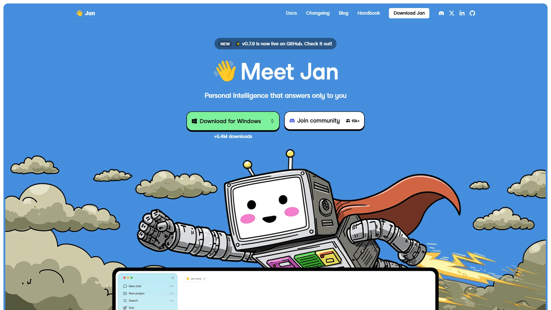 Jan.ai homepage showing the open-source [ChatGPT](/tools/chatgpt/) alternative interface