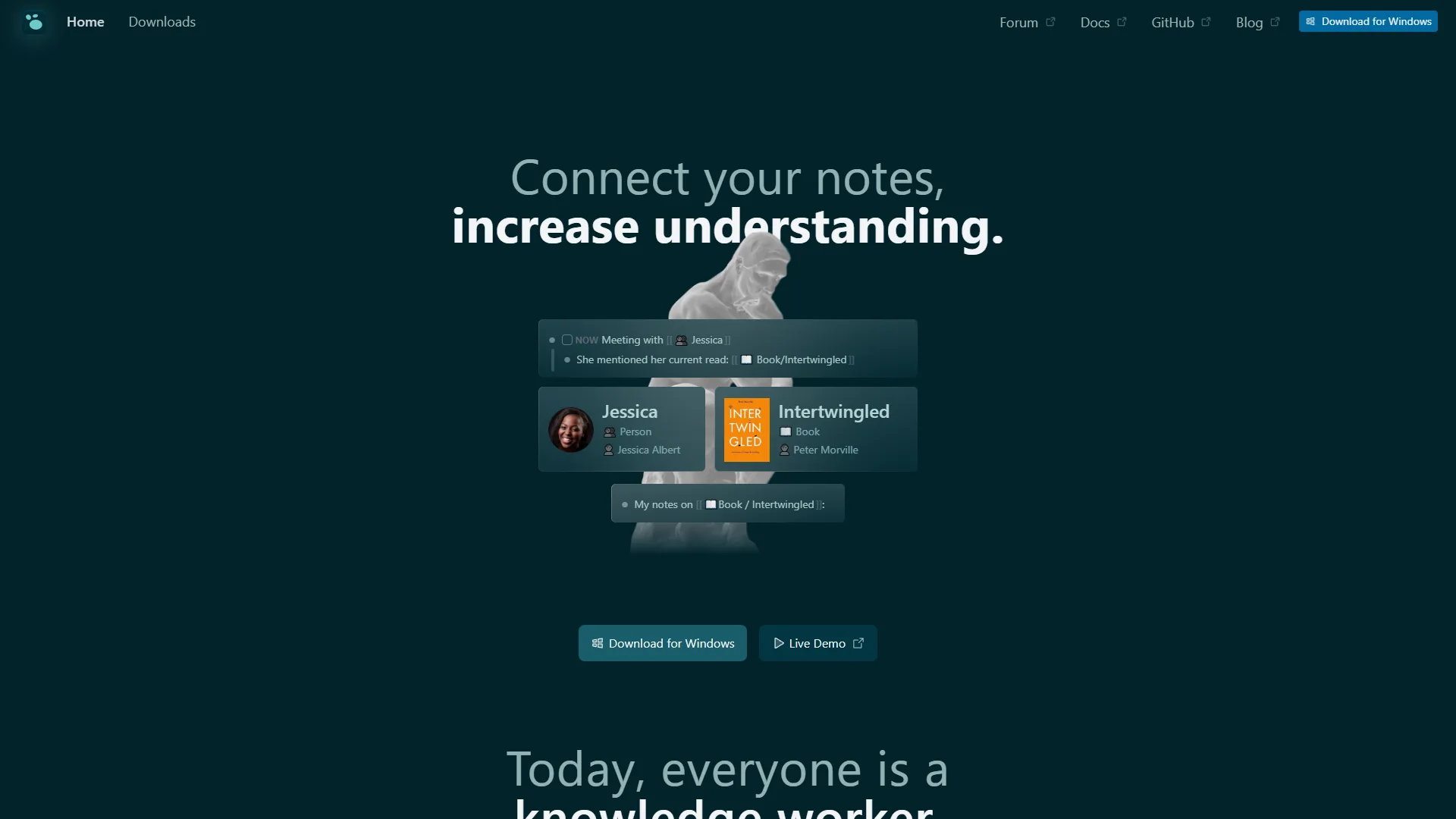 Logseq homepage with Connect your notes, increase understanding headline and linked note demo