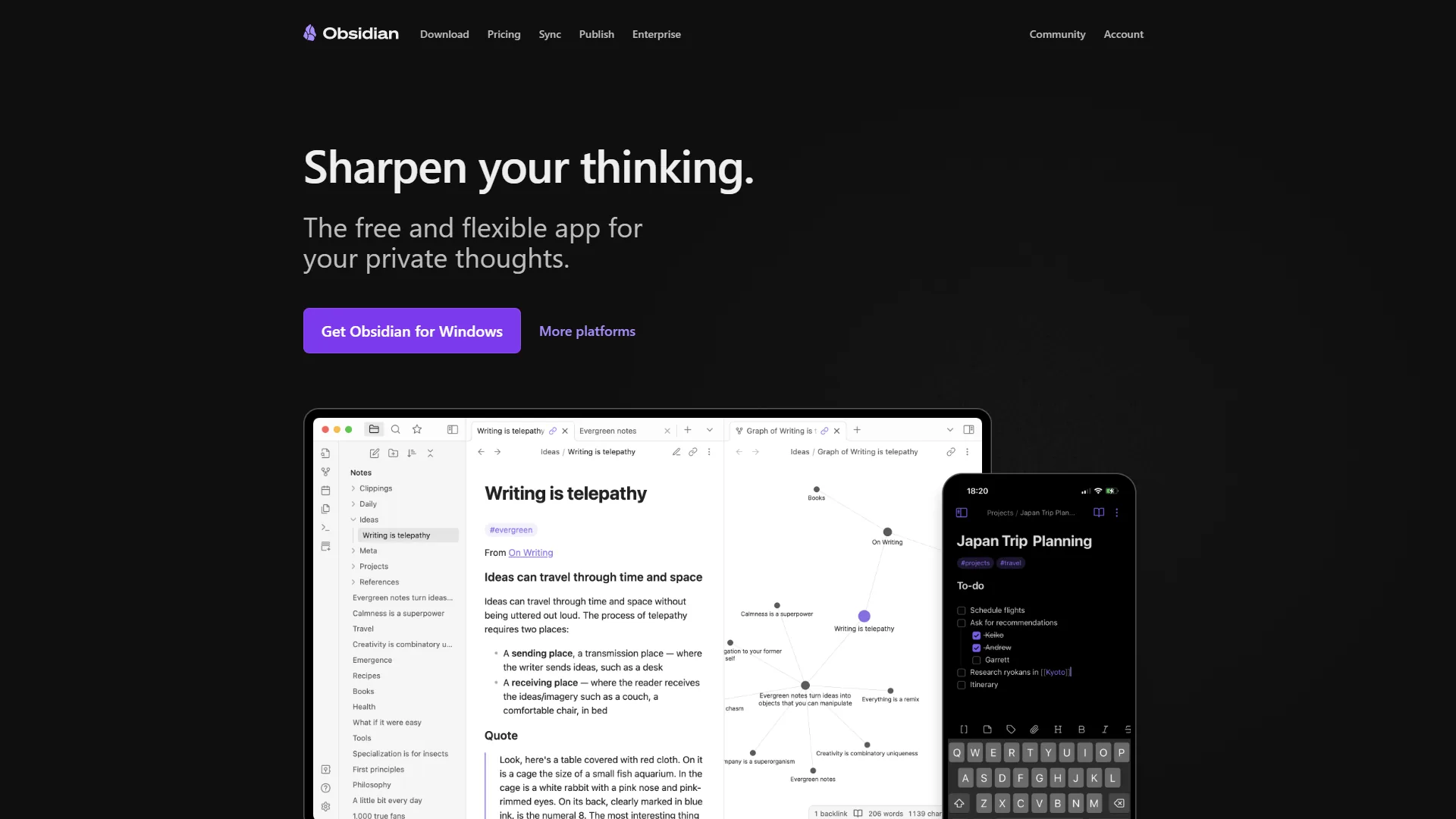 Obsidian homepage with Sharpen your thinking headline showing desktop and mobile note editor