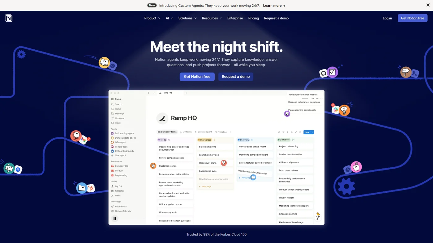 Notion homepage with Meet the night shift headline showing AI agents and Ramp HQ project board