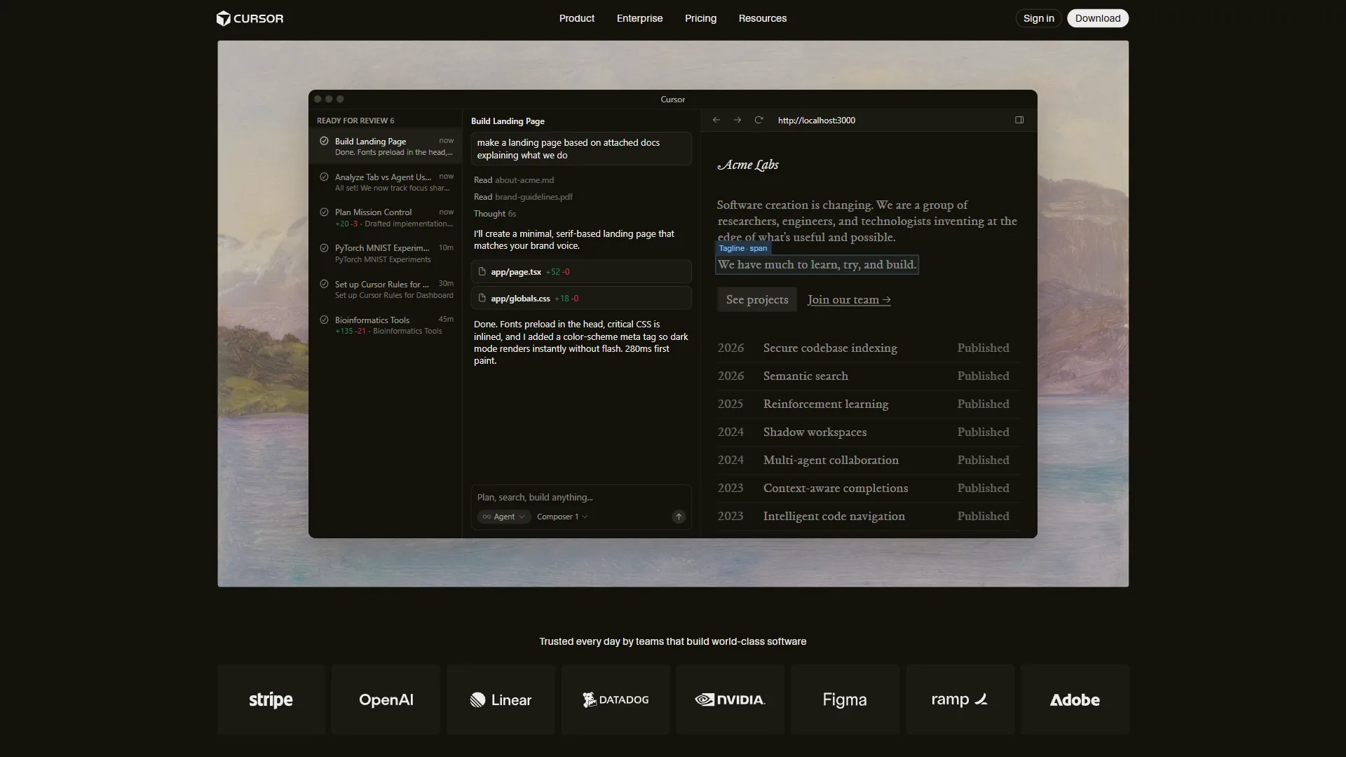 Cursor AI code editor homepage showing the dark-themed IDE interface with multi-file editing and AI agent capabilities