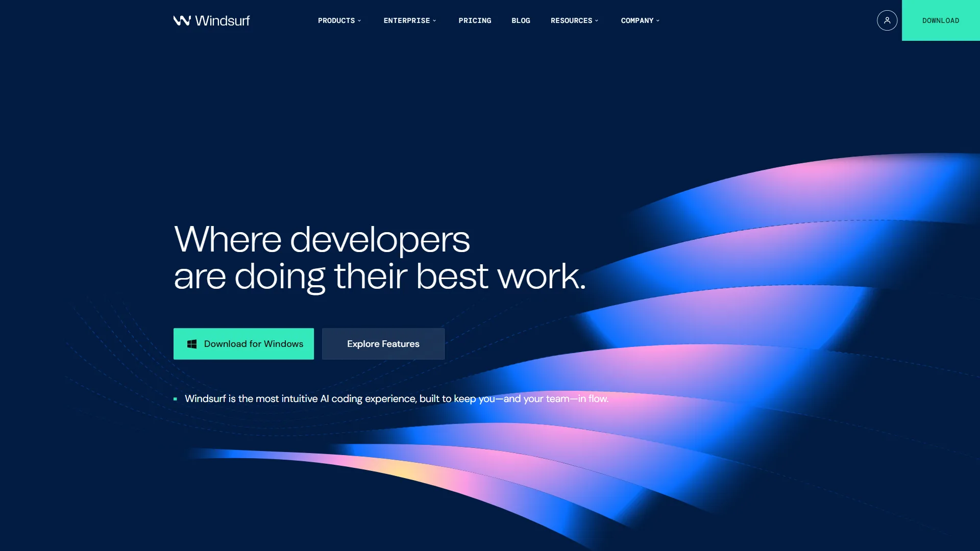 Windsurf AI code editor homepage with dark blue gradient background and colorful wave design
