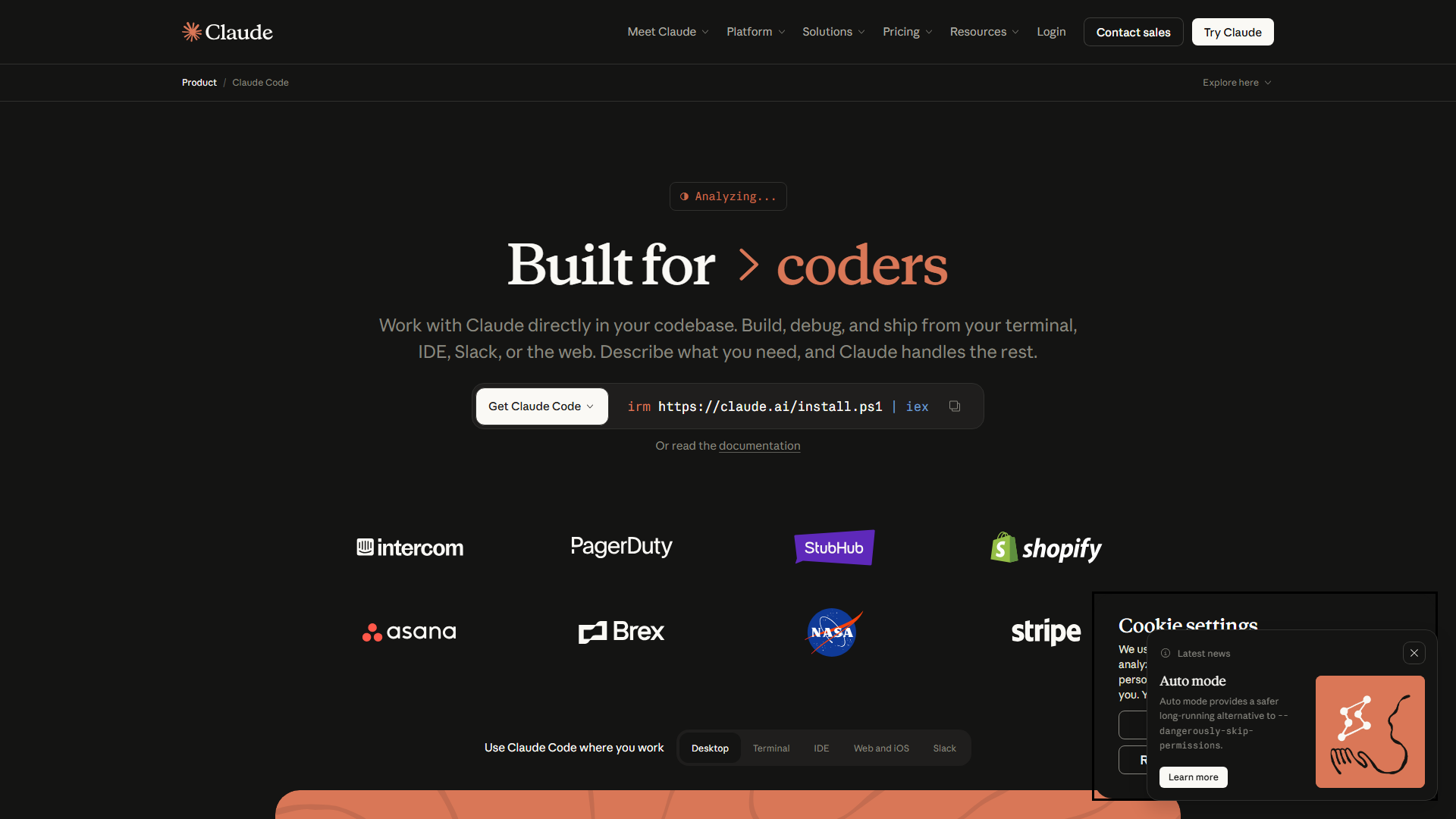 Claude Code product page showing Built for coders headline with terminal install command and enterprise logos including Intercom, Shopify, and Stripe