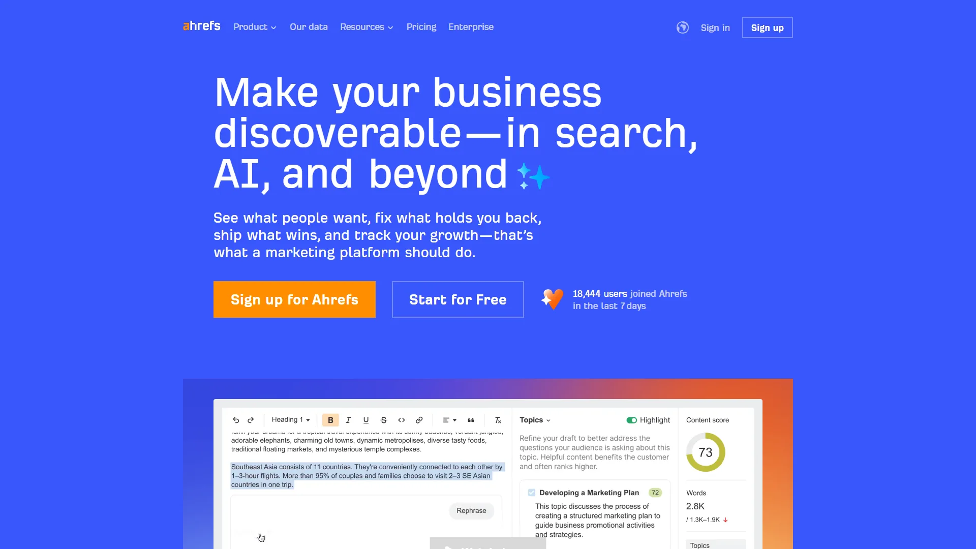 Ahrefs homepage showing its AI marketing platform with search discovery and backlink analysis tools