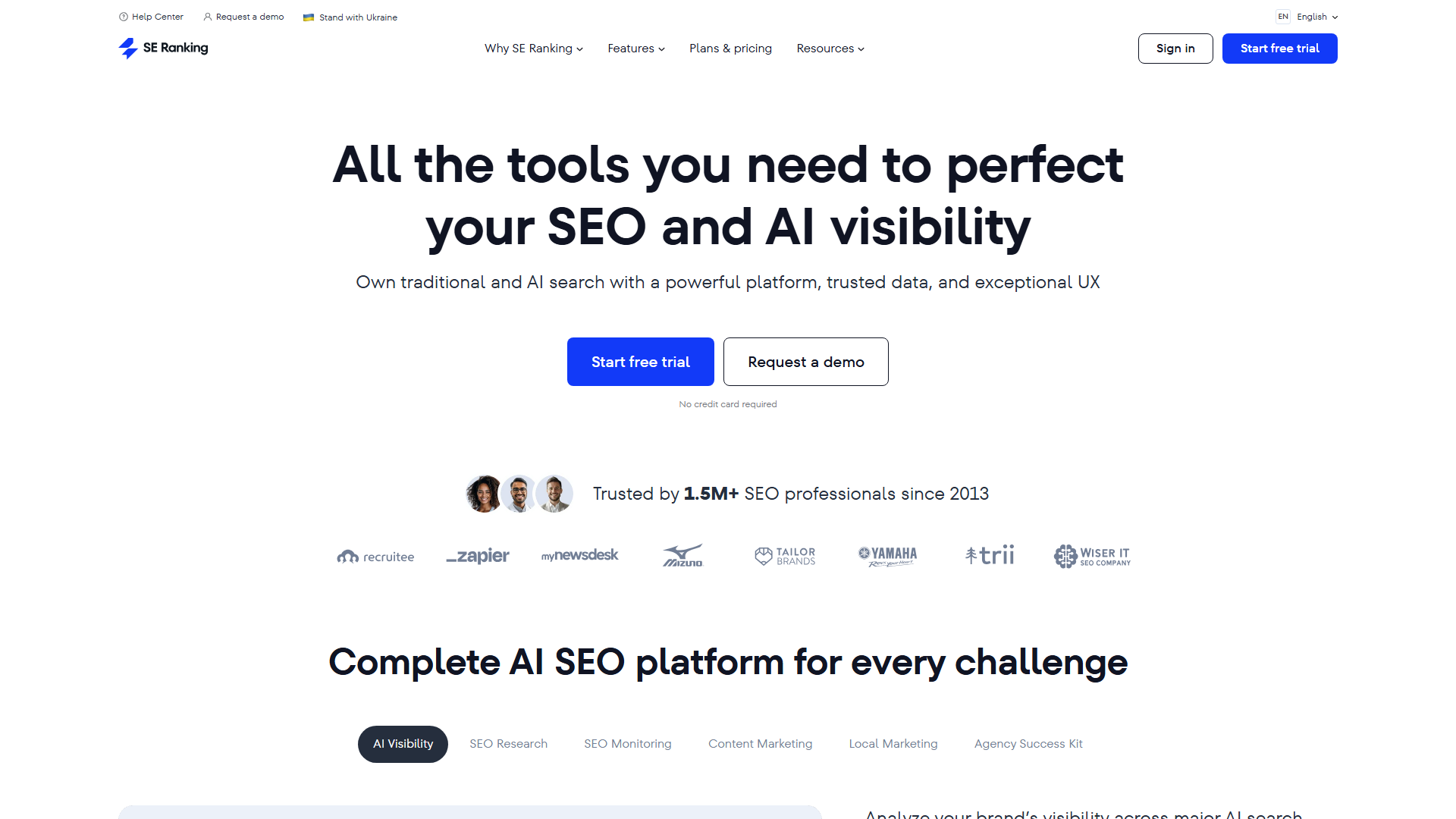SE Ranking homepage highlighting its all-in-one SEO and AI visibility platform trusted by 1.5 million professionals