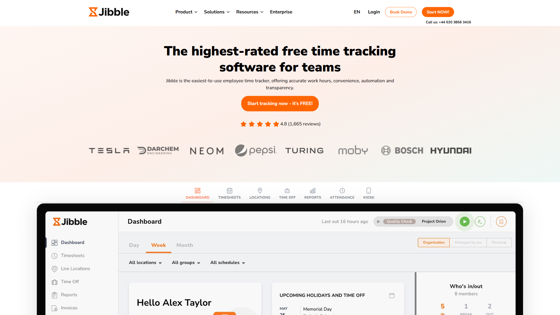 Jibble homepage showing the free time tracking app with GPS attendance for construction crews