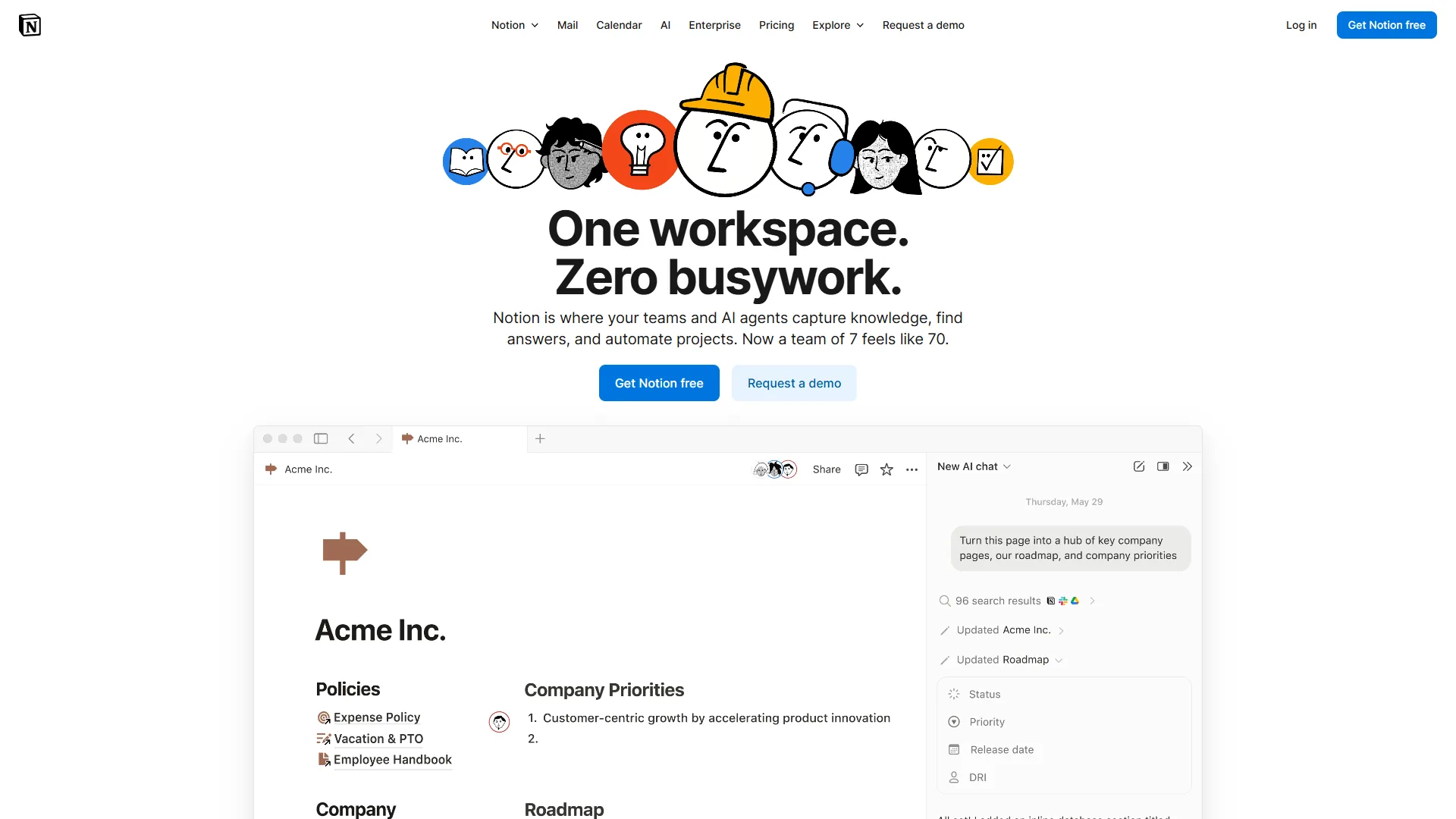 Notion workspace homepage featuring unified docs, projects, and AI agents in a single platform