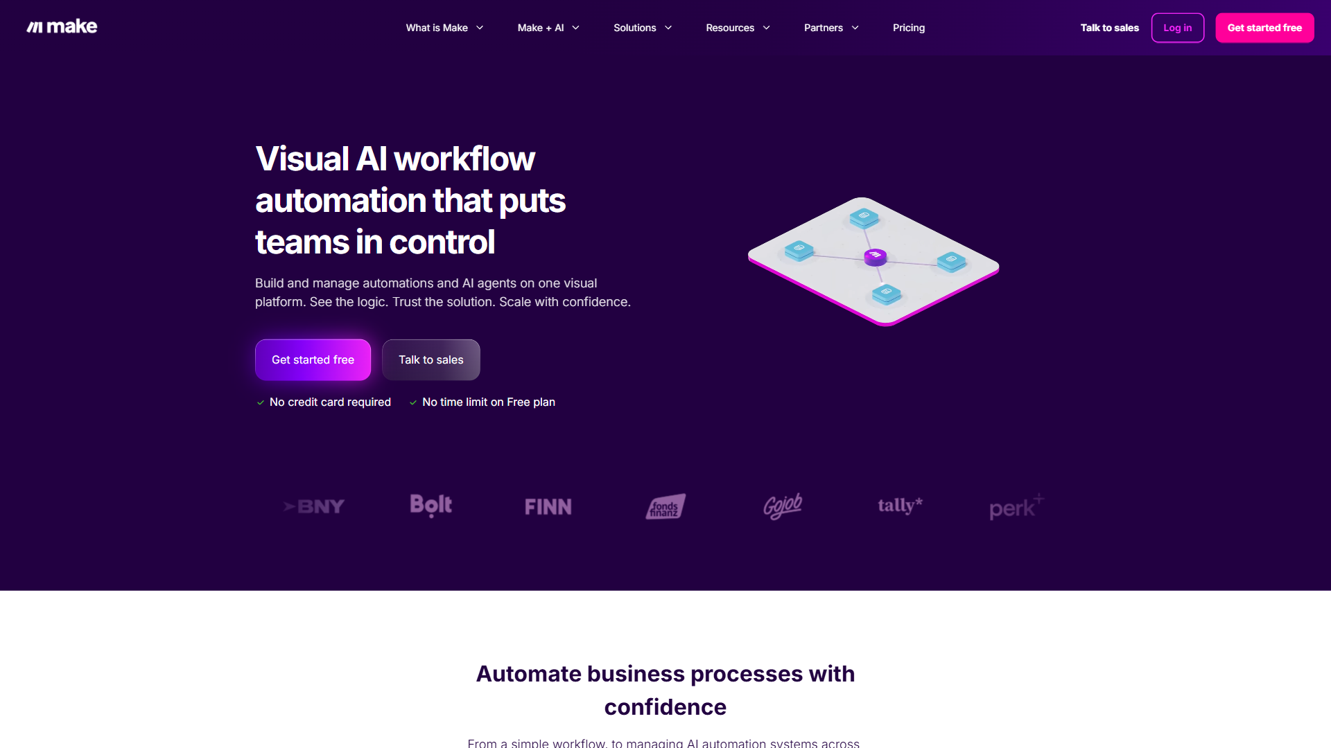 Make visual workflow automation platform homepage showing AI-powered scenario builder