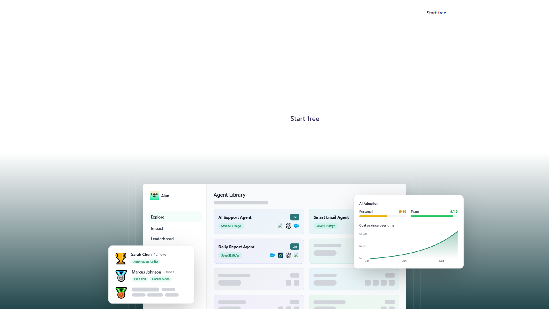 Activepieces platform showing Agent Library with AI Support Agent, Smart Email Agent, and Daily Report Agent
