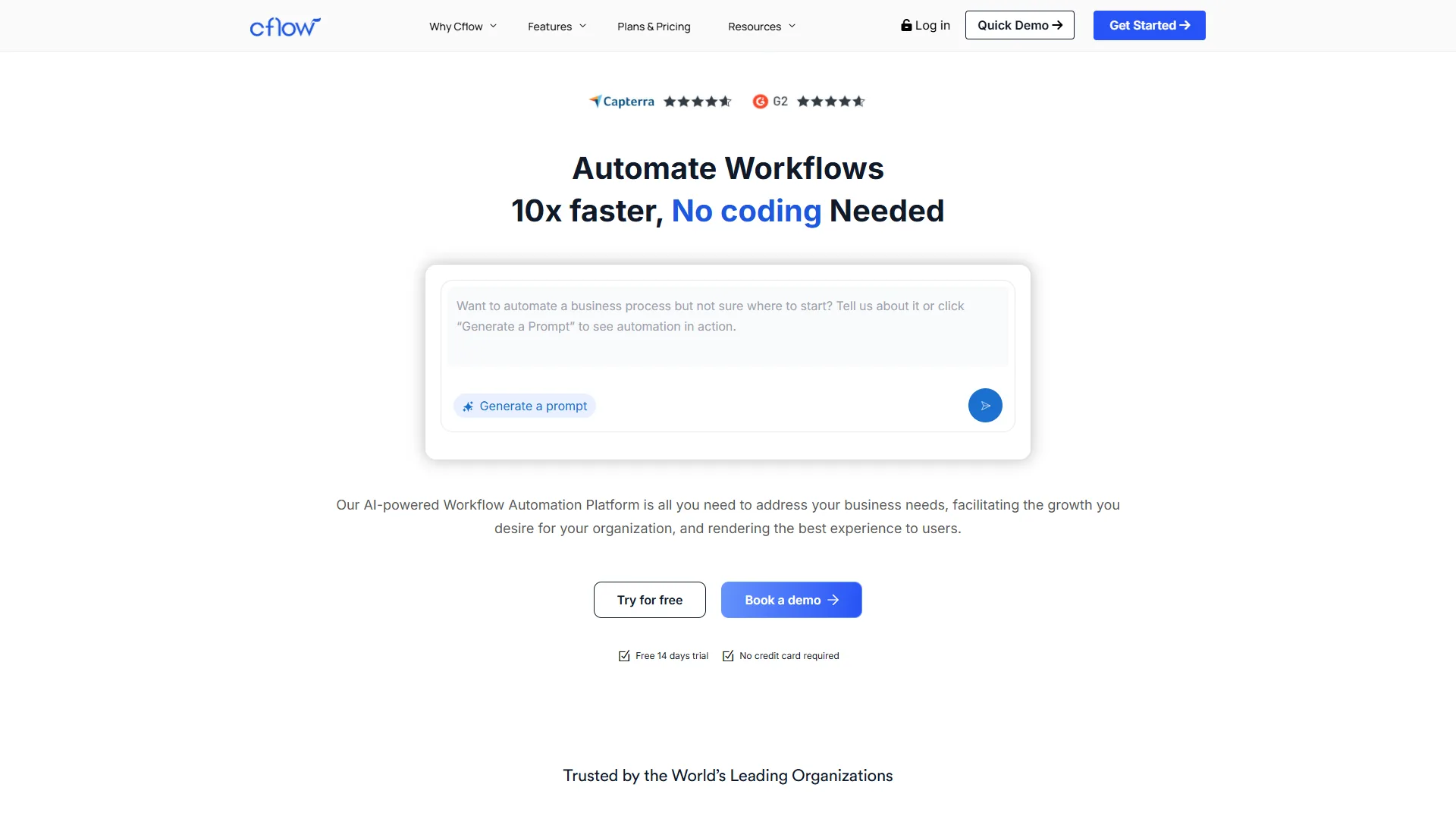 Cflow homepage with Automate Workflows 10x faster No coding Needed headline and AI prompt input field