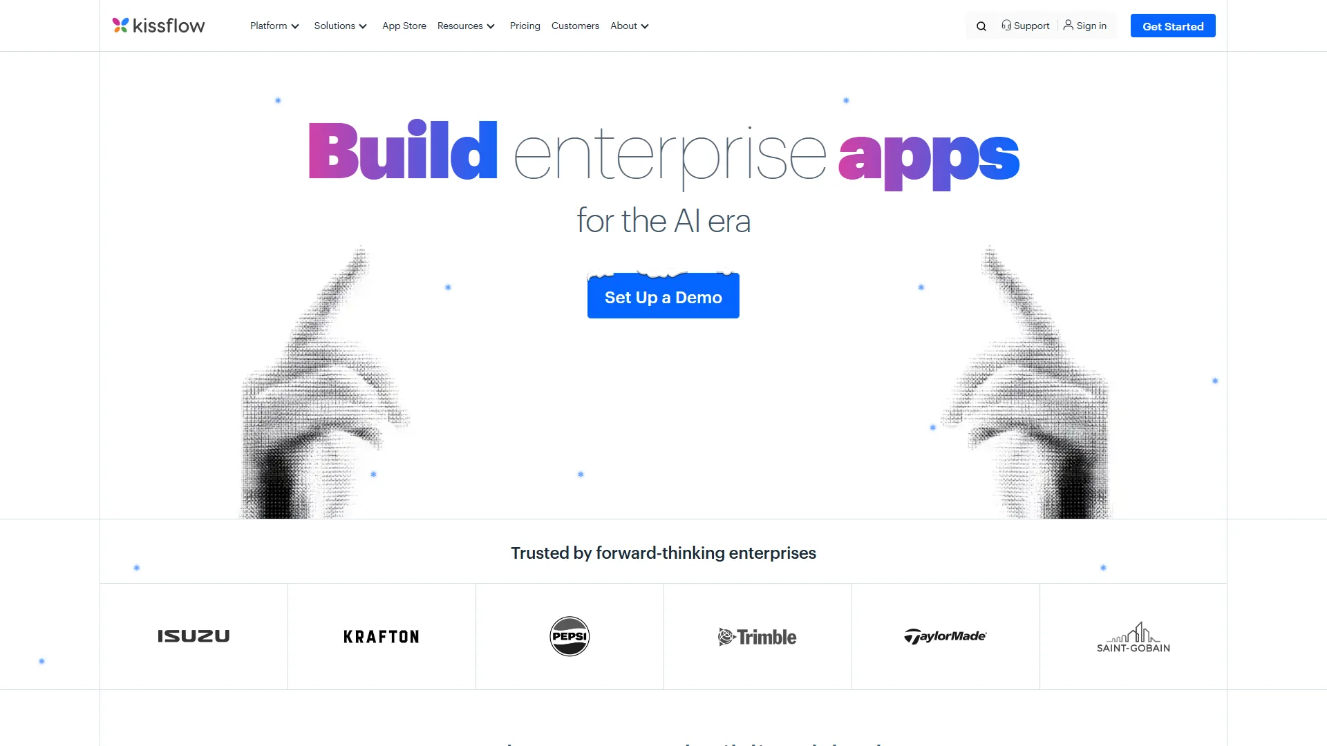 Kissflow homepage with Build enterprise apps for the AI era headline and enterprise client logos below