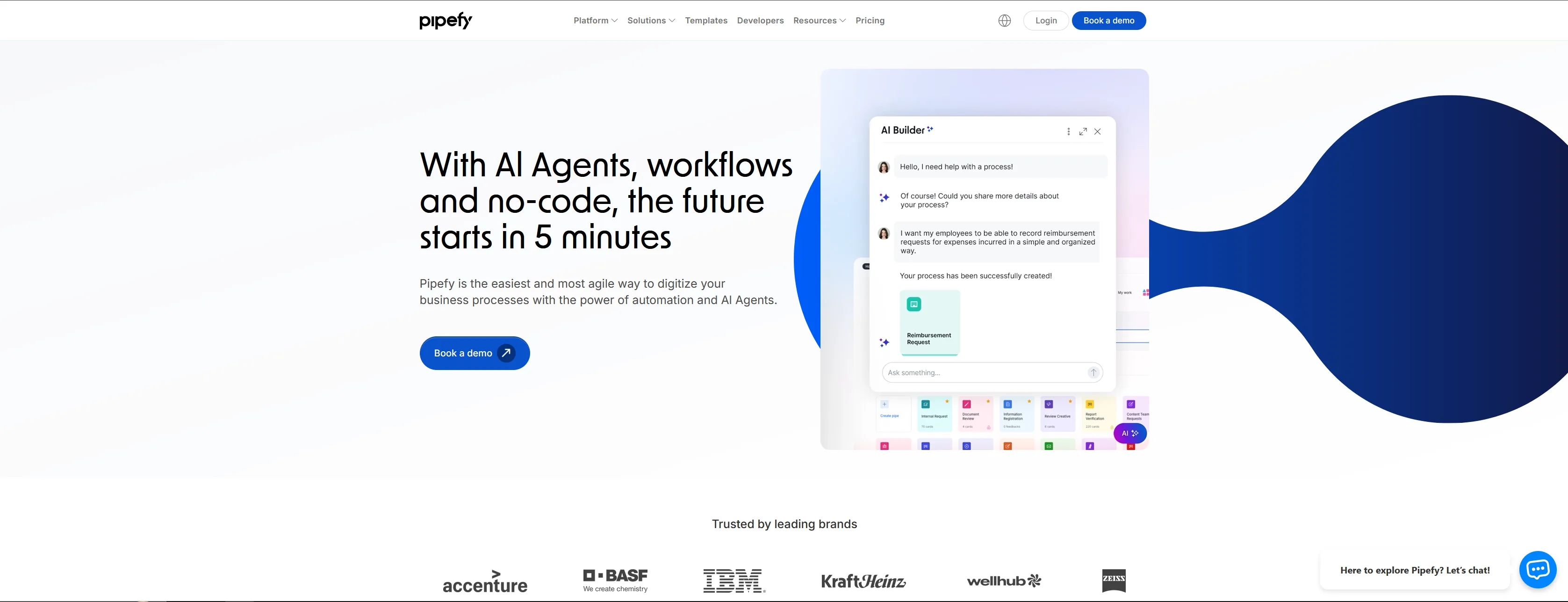 Pipefy homepage with AI Agents, workflows, and no-code headline and AI Builder chat interface preview