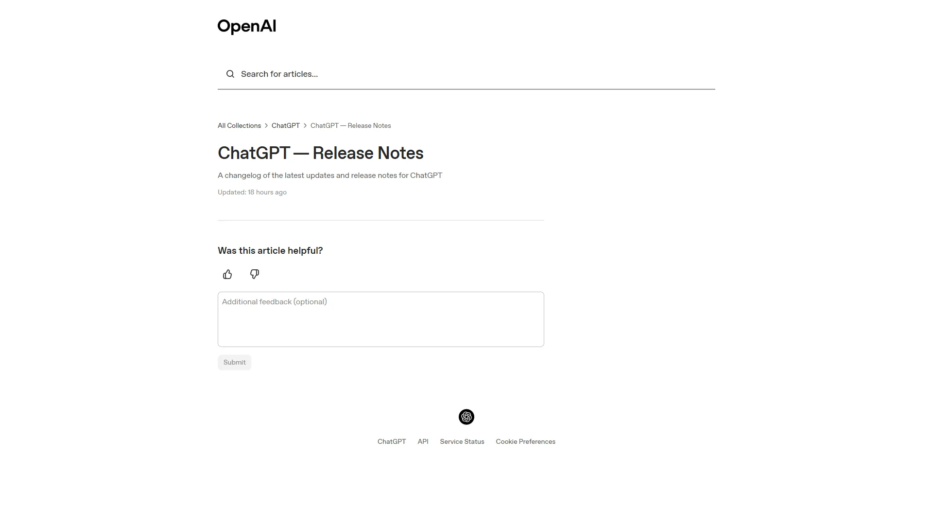 OpenAI ChatGPT release notes page documenting known issues and updates