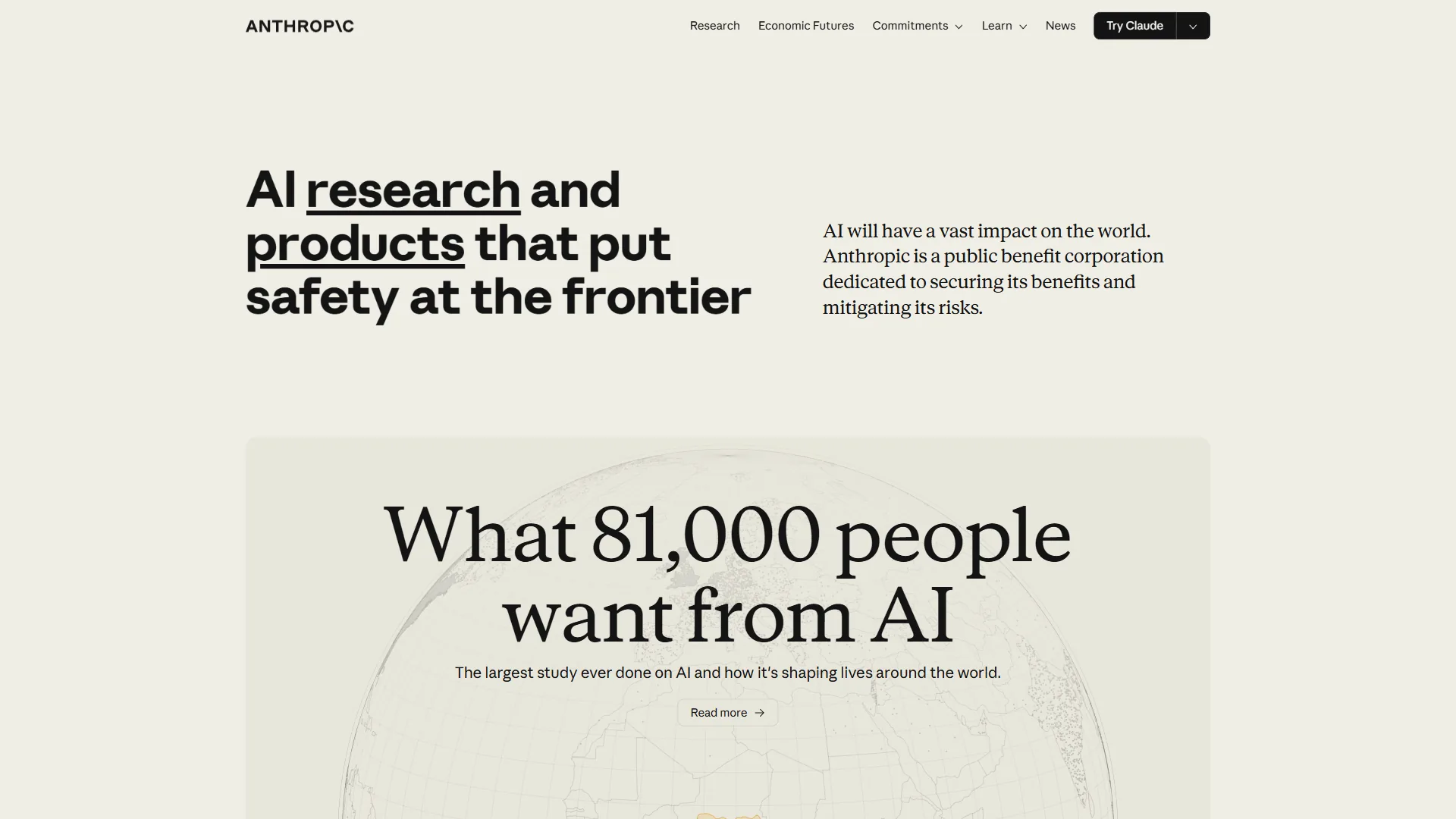 Anthropic homepage showing Claude platform and developer certification resources