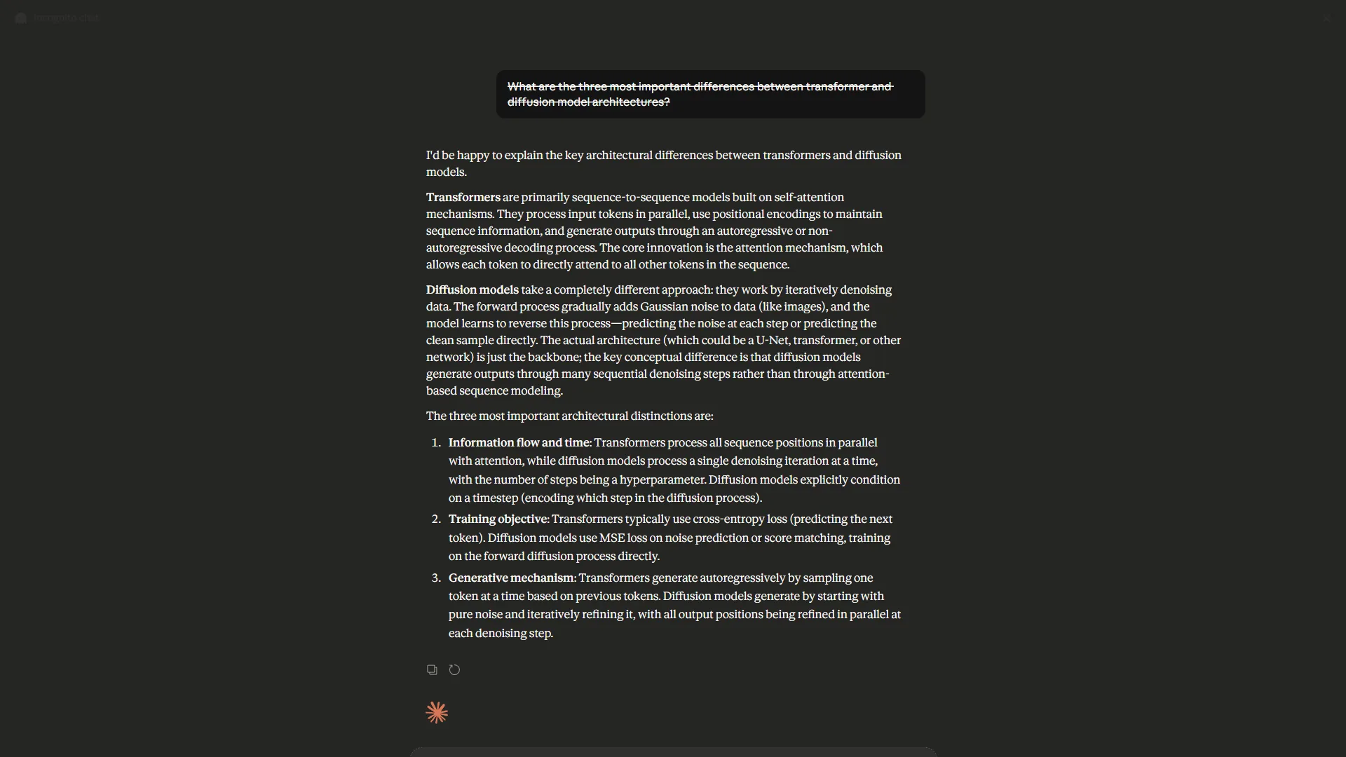 Claude Code terminal interface with dark background showing a detailed AI response about architectural differences between transformer and diffusion models