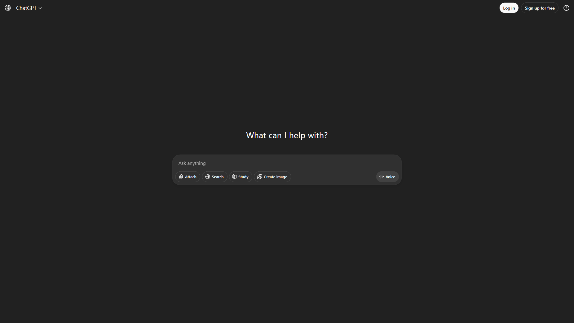 ChatGPT empty chat landing page with Attach, Search, Study, Create image, and Voice buttons
