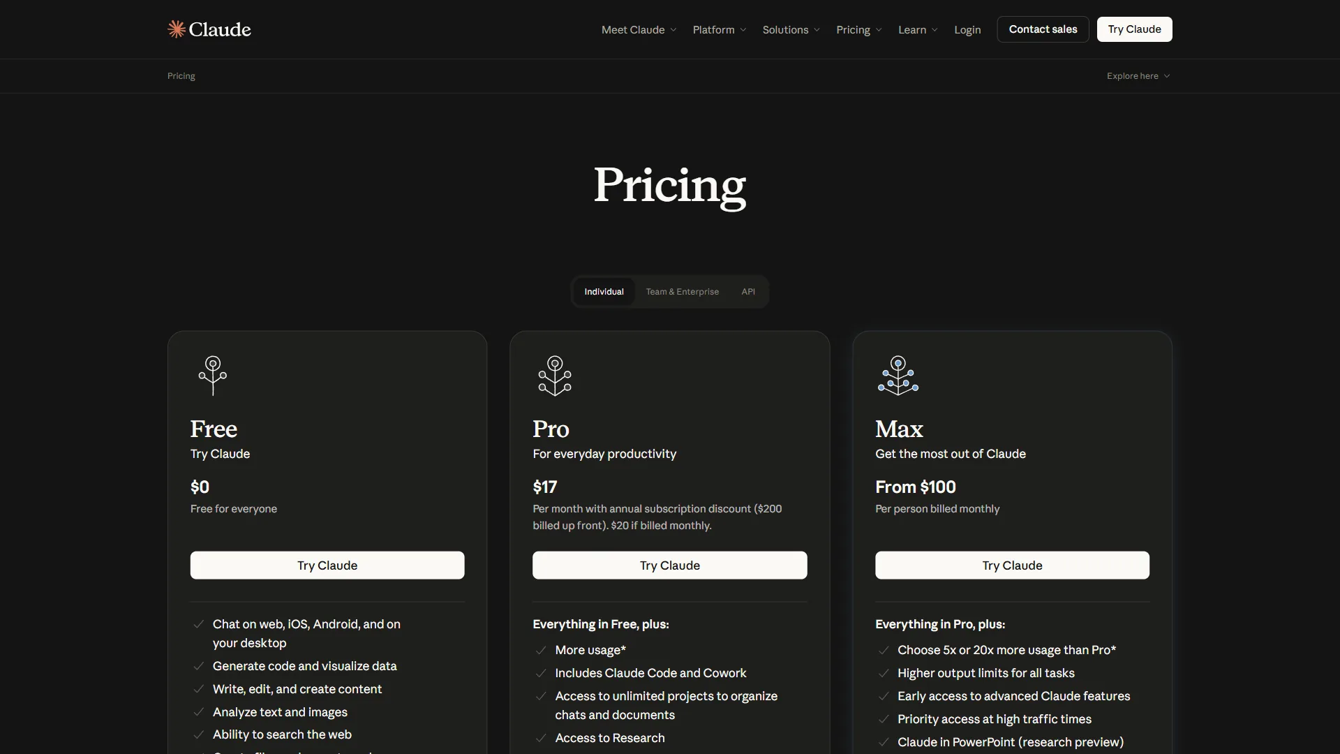 Claude pricing page showing Free, Pro at $20 per month, and Max at $100 per month tiers