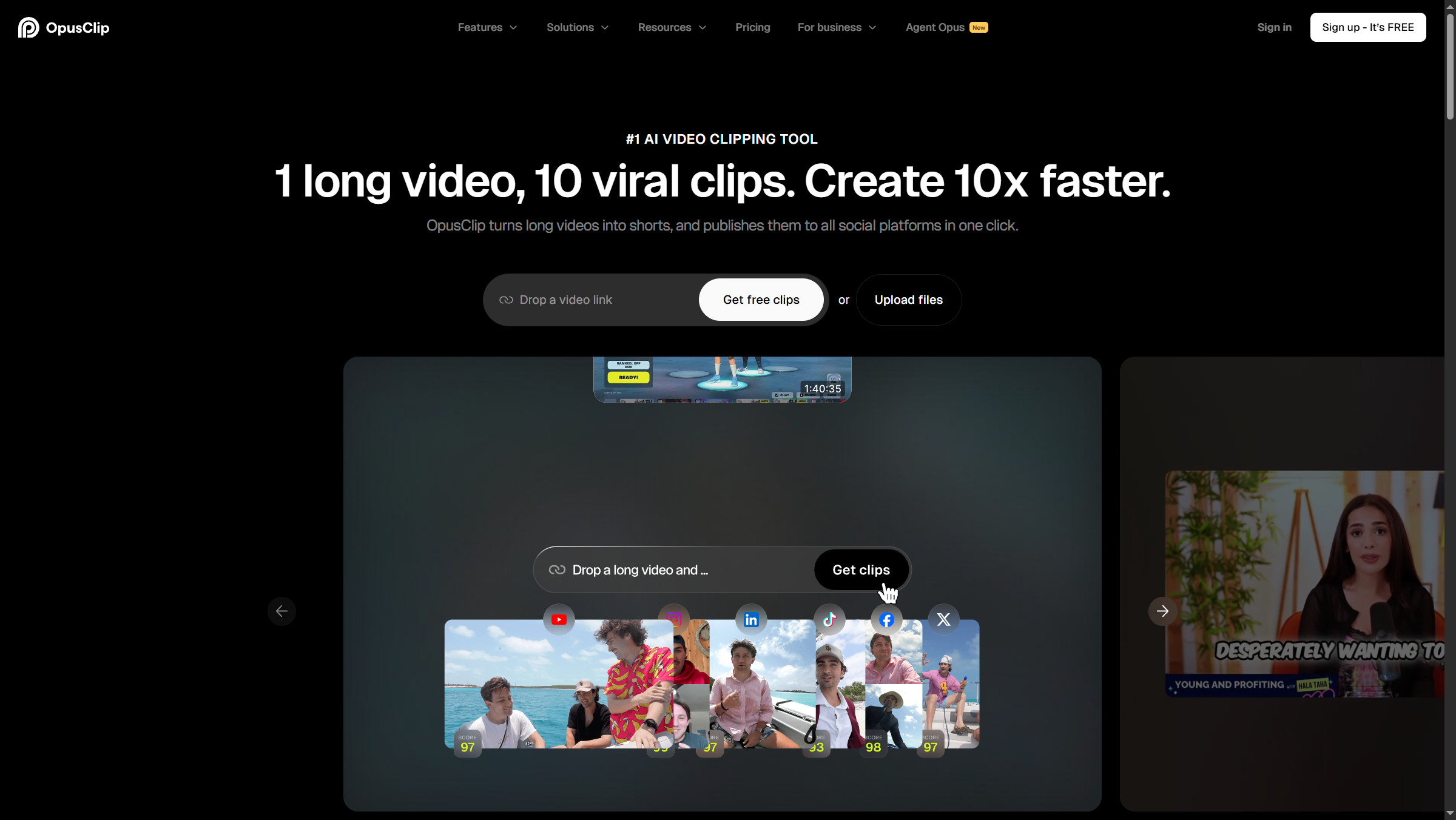 Opus Clip homepage showing AI-powered video clip generation