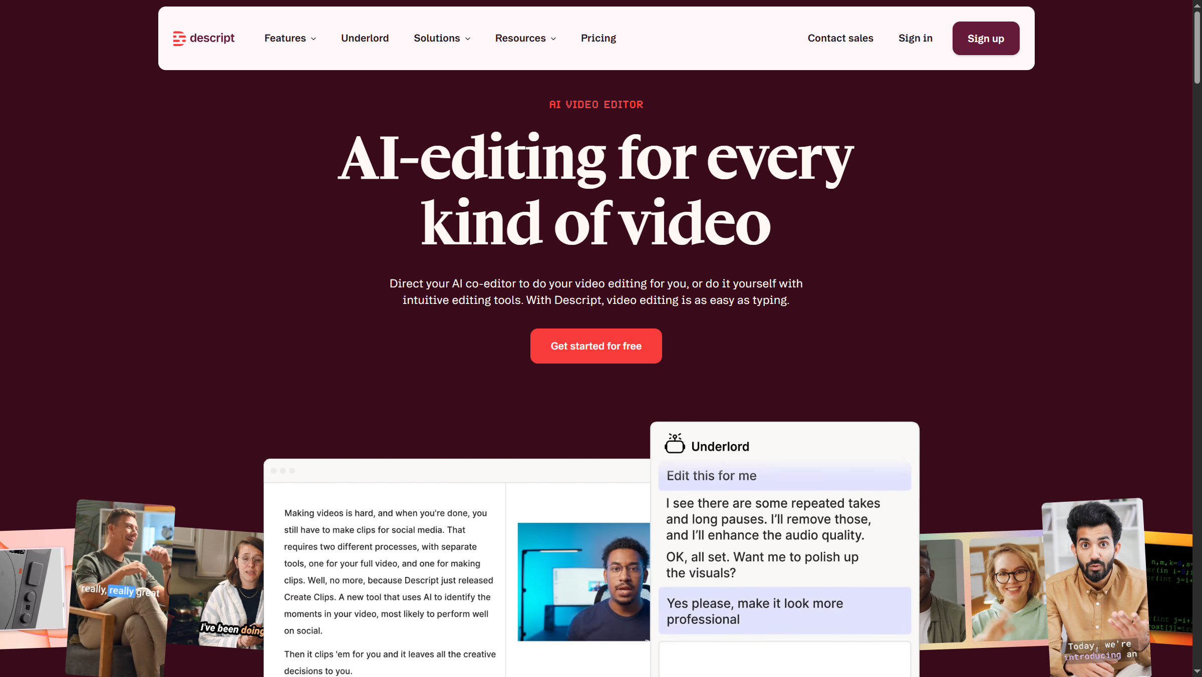 Descript homepage showing the all-in-one podcast and video editing workspace