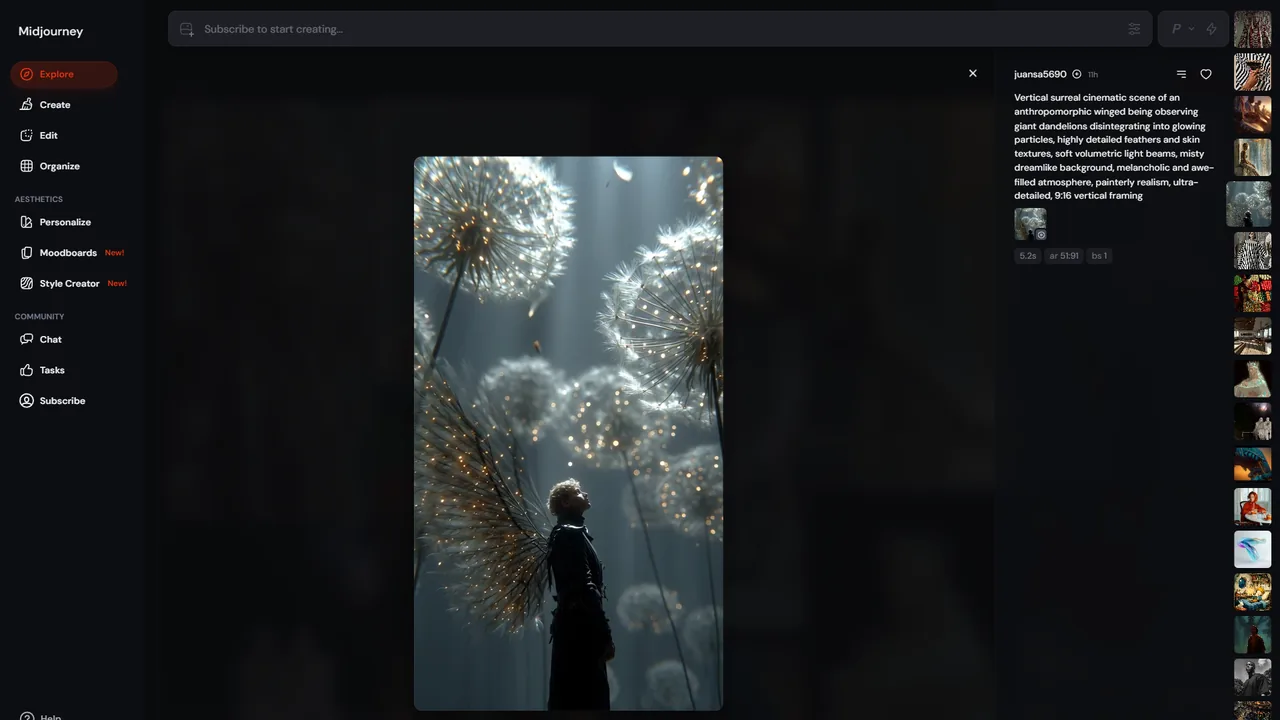 Midjourney V7 image generation results showing high-quality photorealistic and artistic outputs with the prompt interface and generation options
