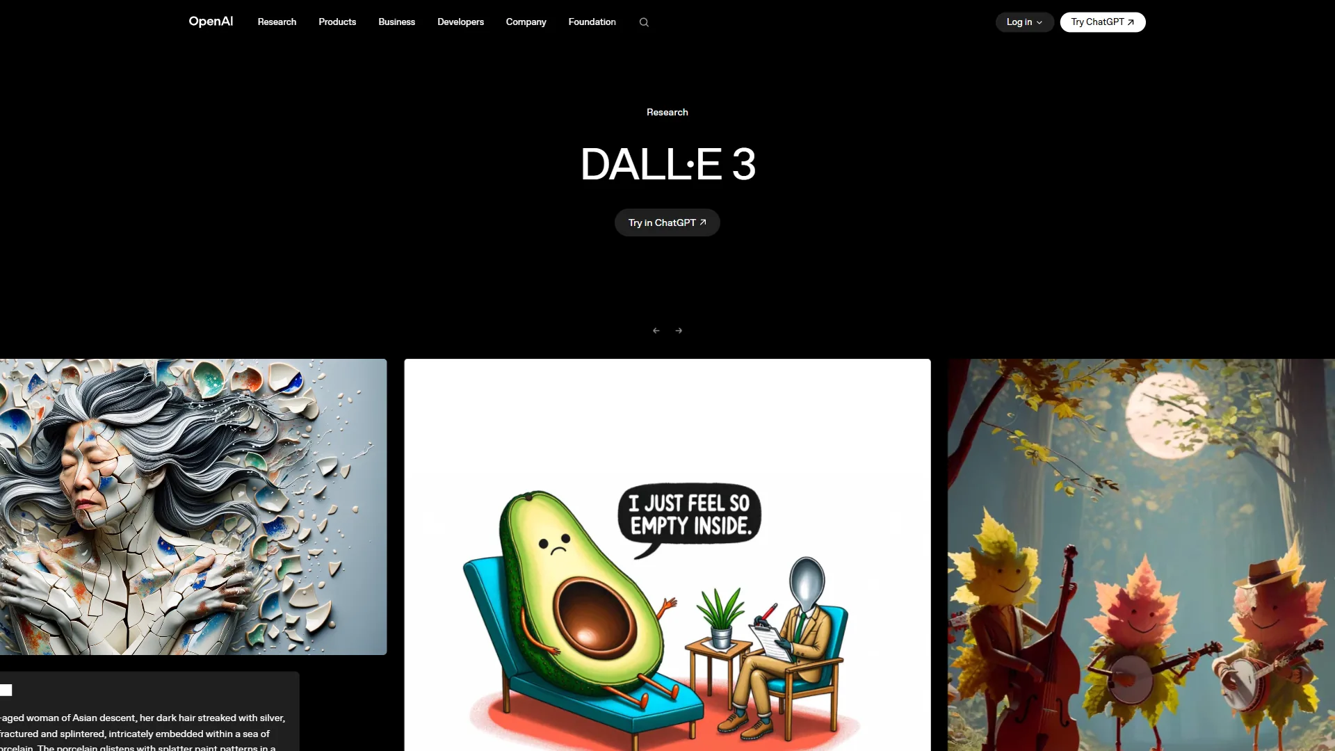 DALL-E 3 platform on OpenAI showing AI image generation capabilities and text-to-image interface