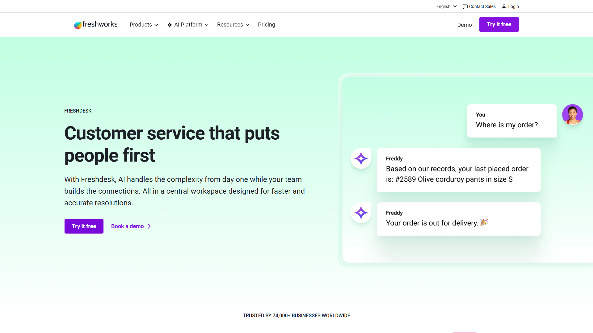 Freshdesk homepage showing AI-powered customer support and ticketing