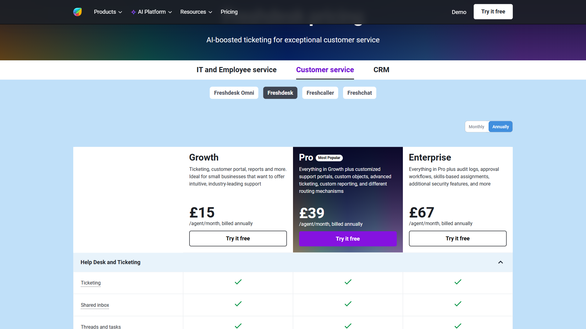 Freshdesk pricing tiers from Free up through Growth Pro and Enterprise