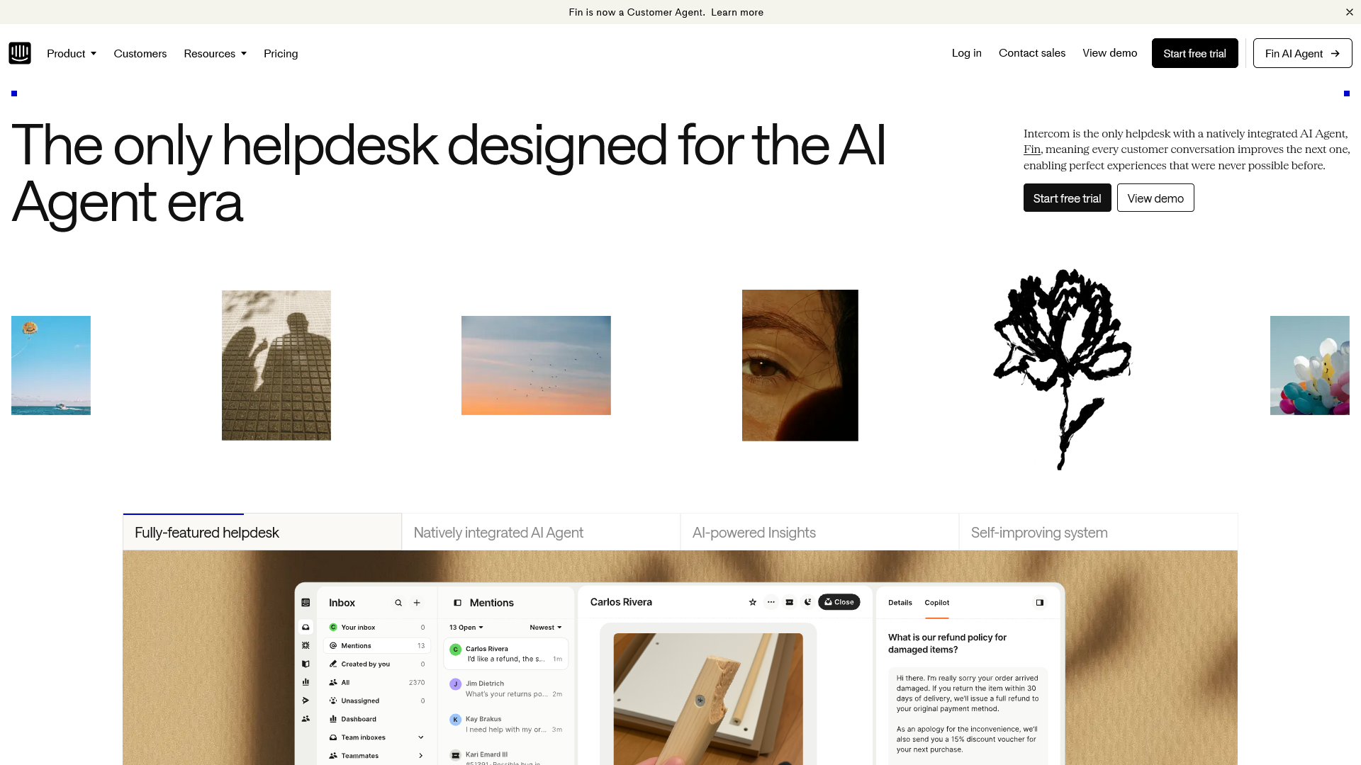 Intercom homepage showing the AI-first customer service platform with Fin agent