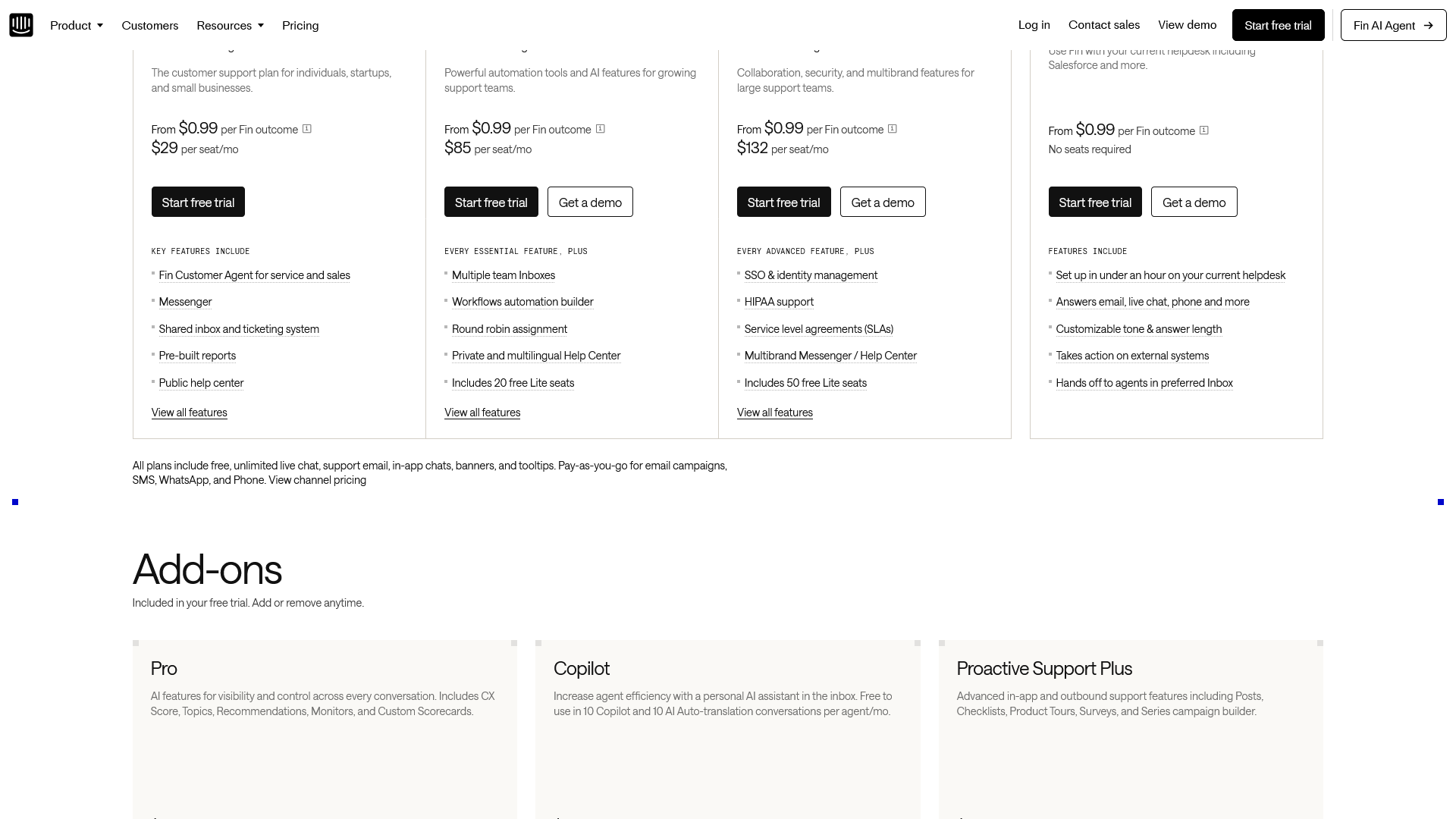 Intercom pricing showing Essential Advanced and Expert tiers per seat