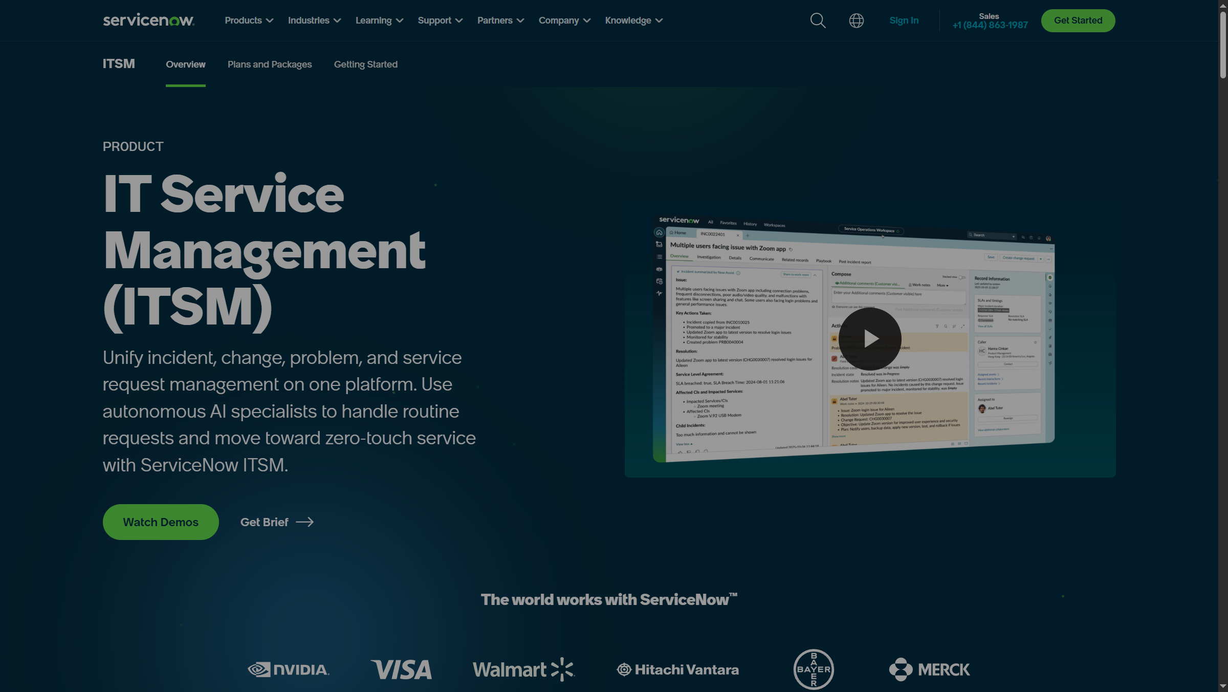ServiceNow IT Service Management product page with autonomous AI specialists