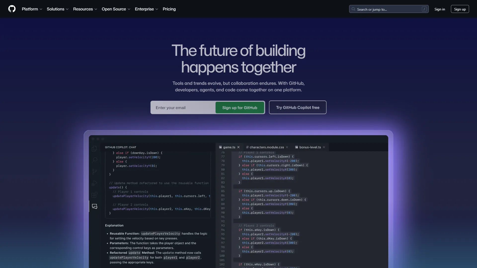 GitHub homepage with code editor preview, Copilot CTA, and collaboration tagline