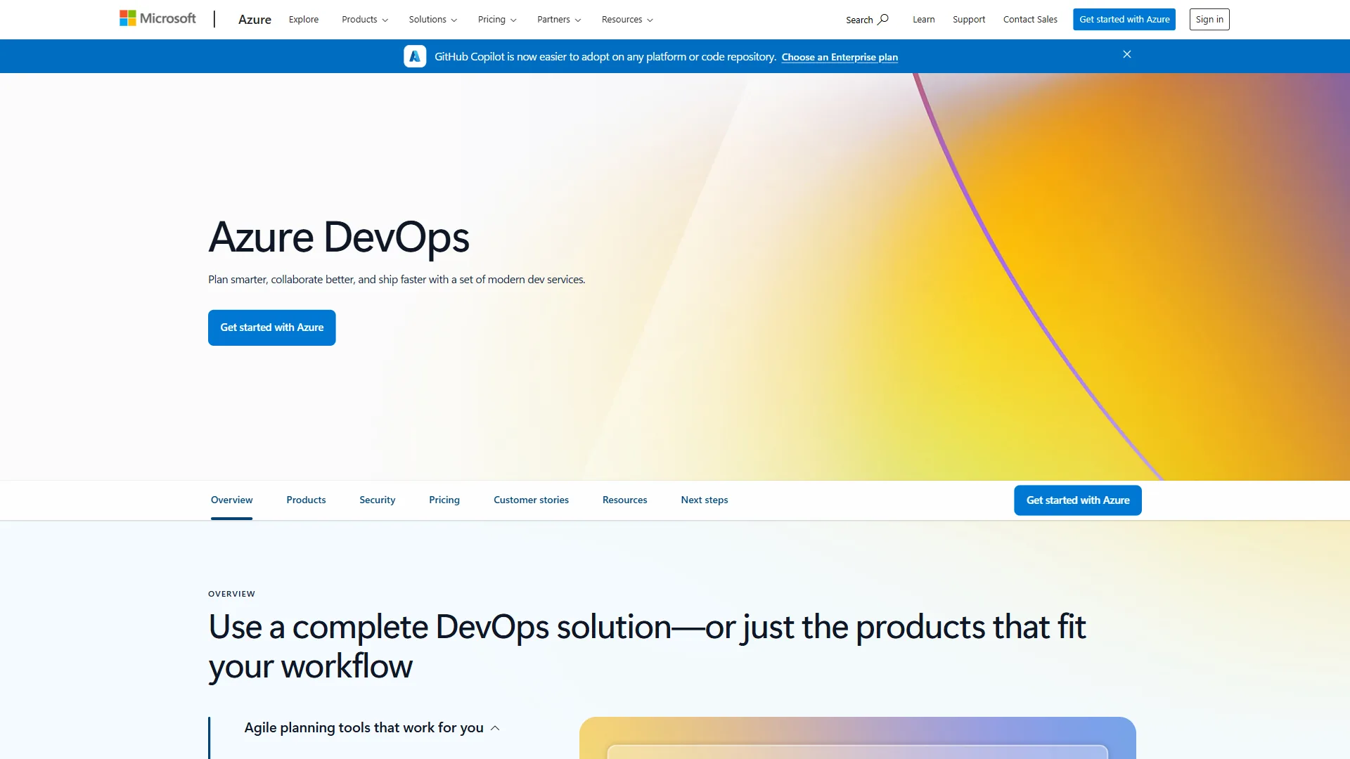 Azure DevOps landing page with Get Started button and modern dev services overview