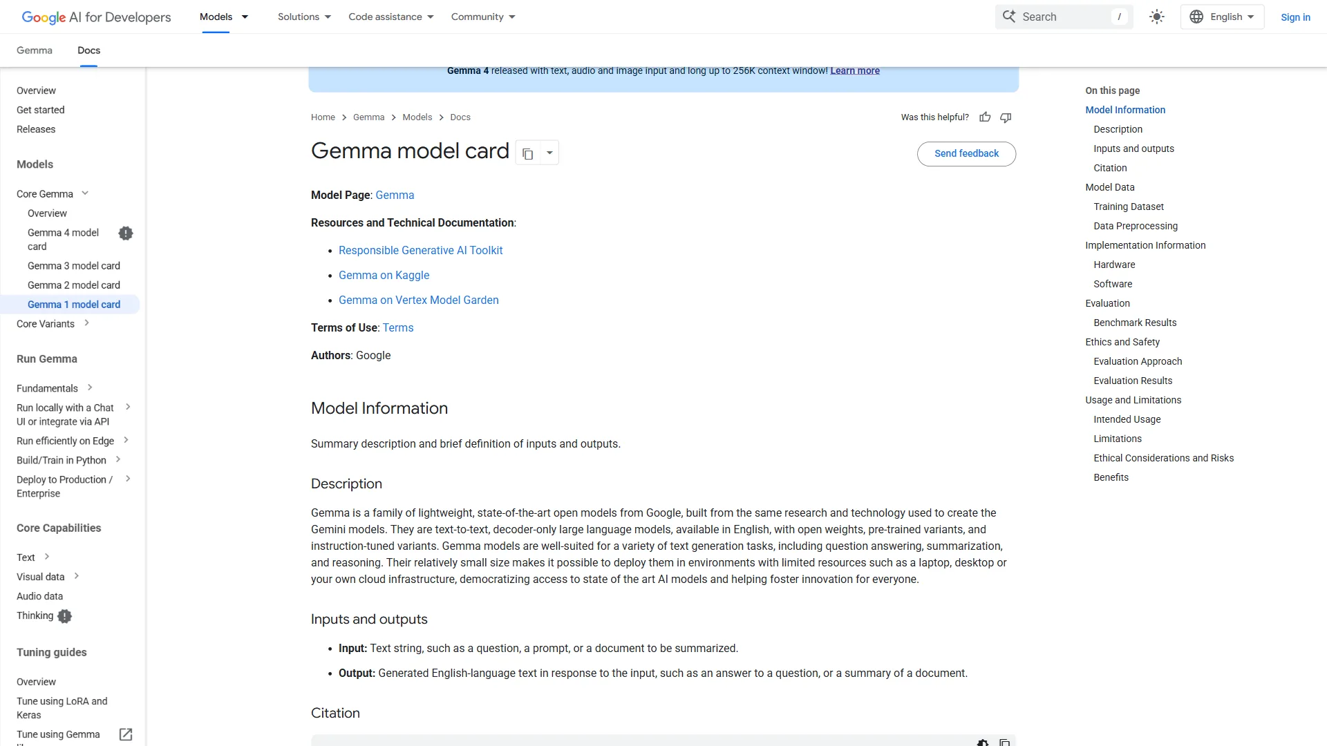 Google Gemma model card showing supported use cases and responsible AI information