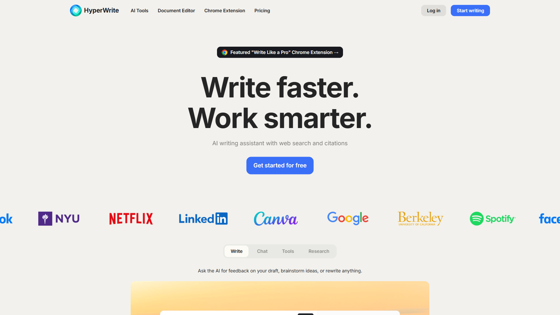 HyperWrite homepage showing the personal AI writing assistant with browser integration