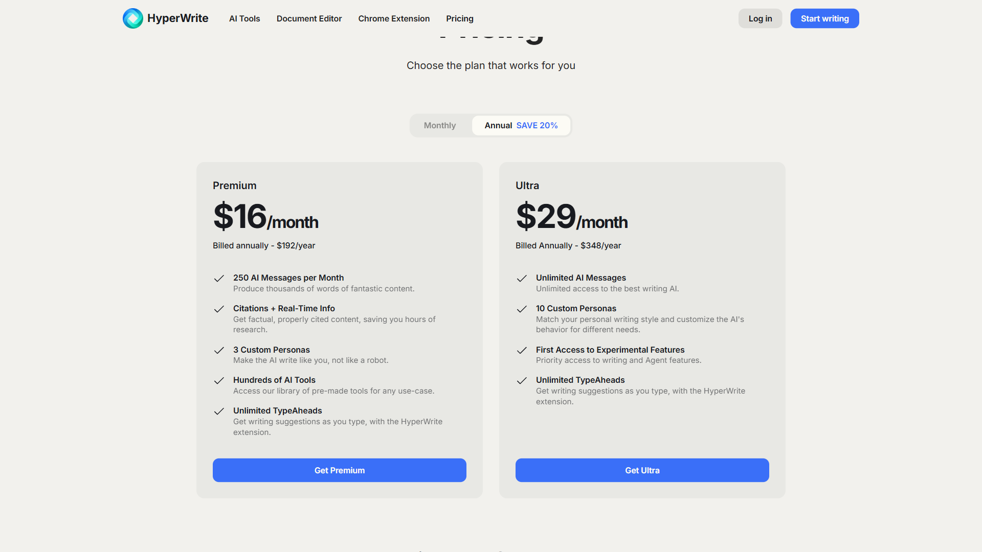 HyperWrite pricing tiers Free Premium and Ultra