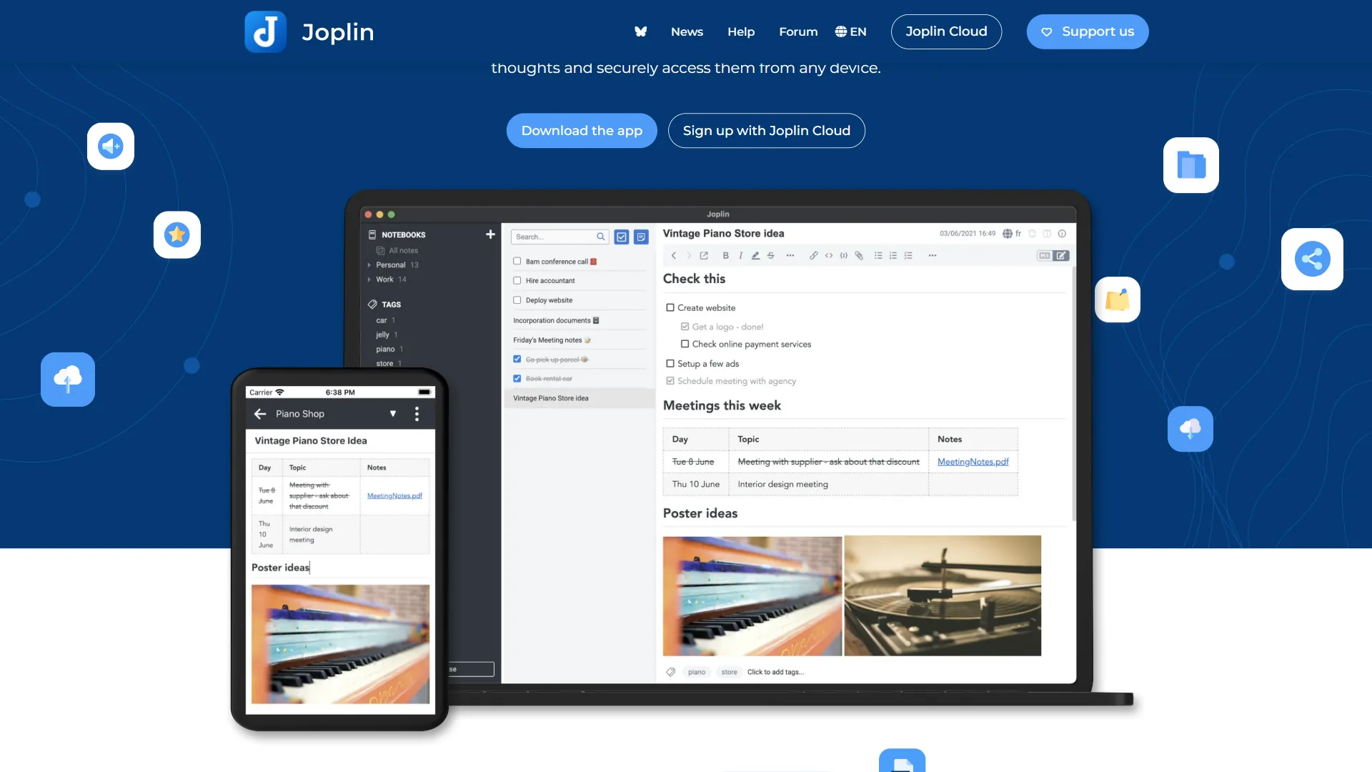 Joplin homepage showing open-source note-taking with end-to-end encryption