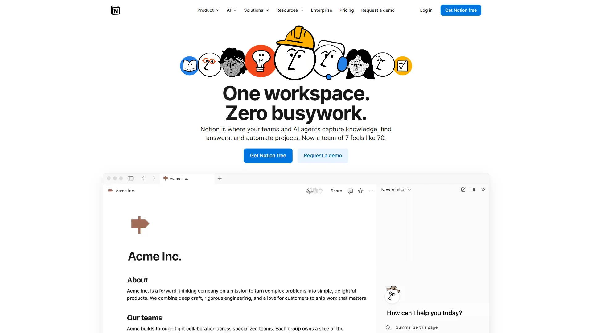 Notion homepage showing all-in-one workspace for notes, databases, and team collaboration
