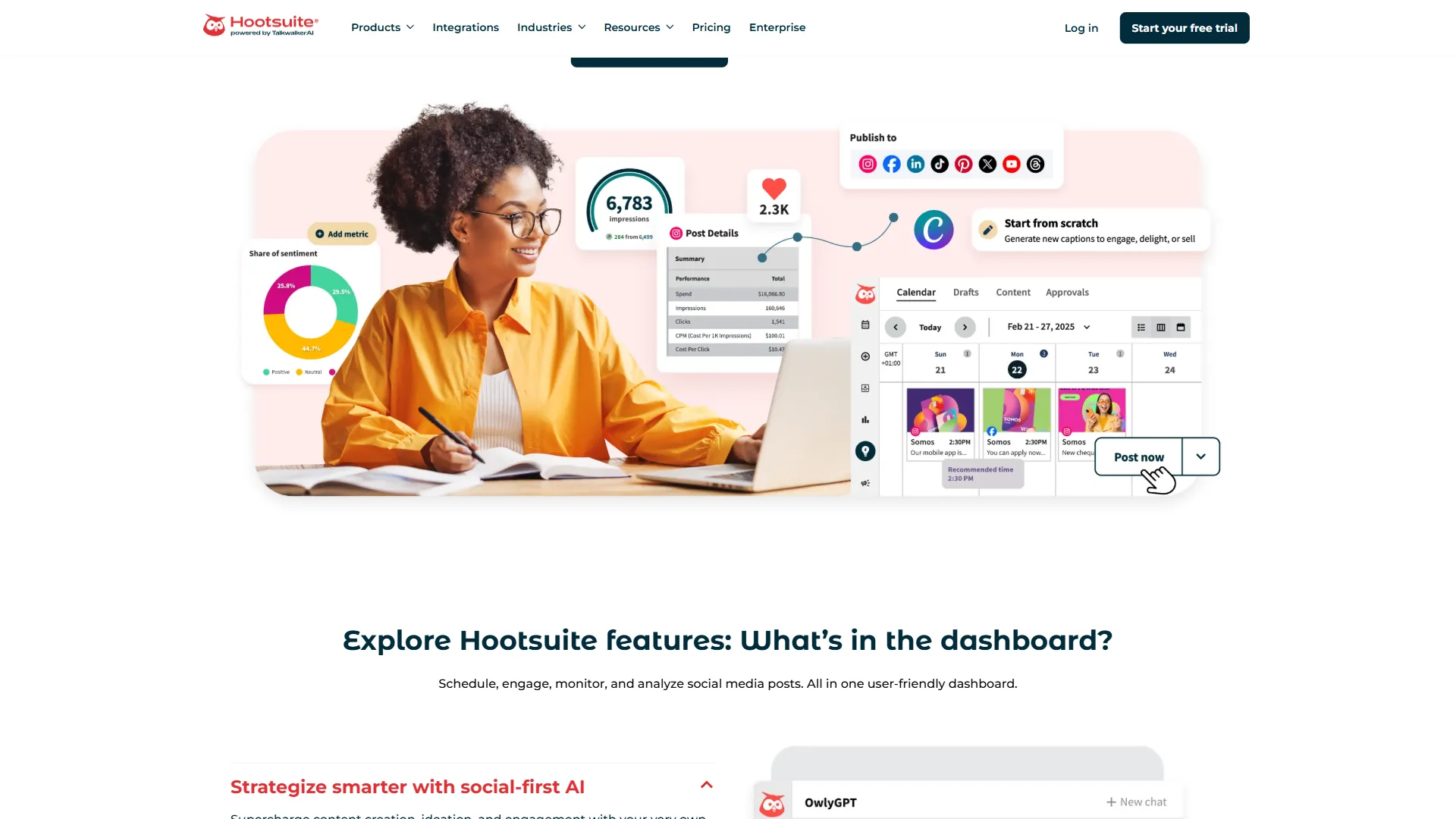 Hootsuite dashboard showing the multi-platform social media scheduling calendar and OwlyWriter AI content suggestions