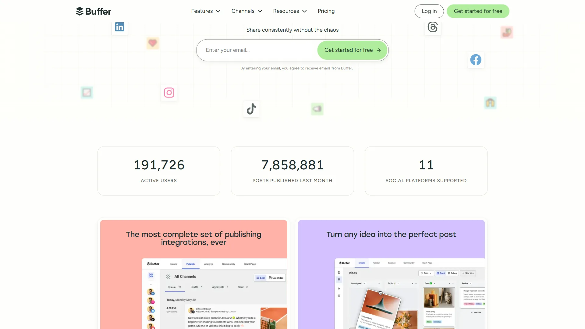 Buffer's scheduling interface showing the content queue, channel connections, and GPT-4o AI assistant for caption generation