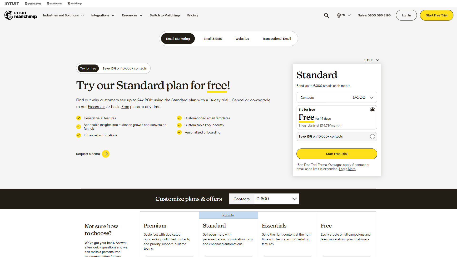 Mailchimp pricing page showing plan tiers and feature comparison