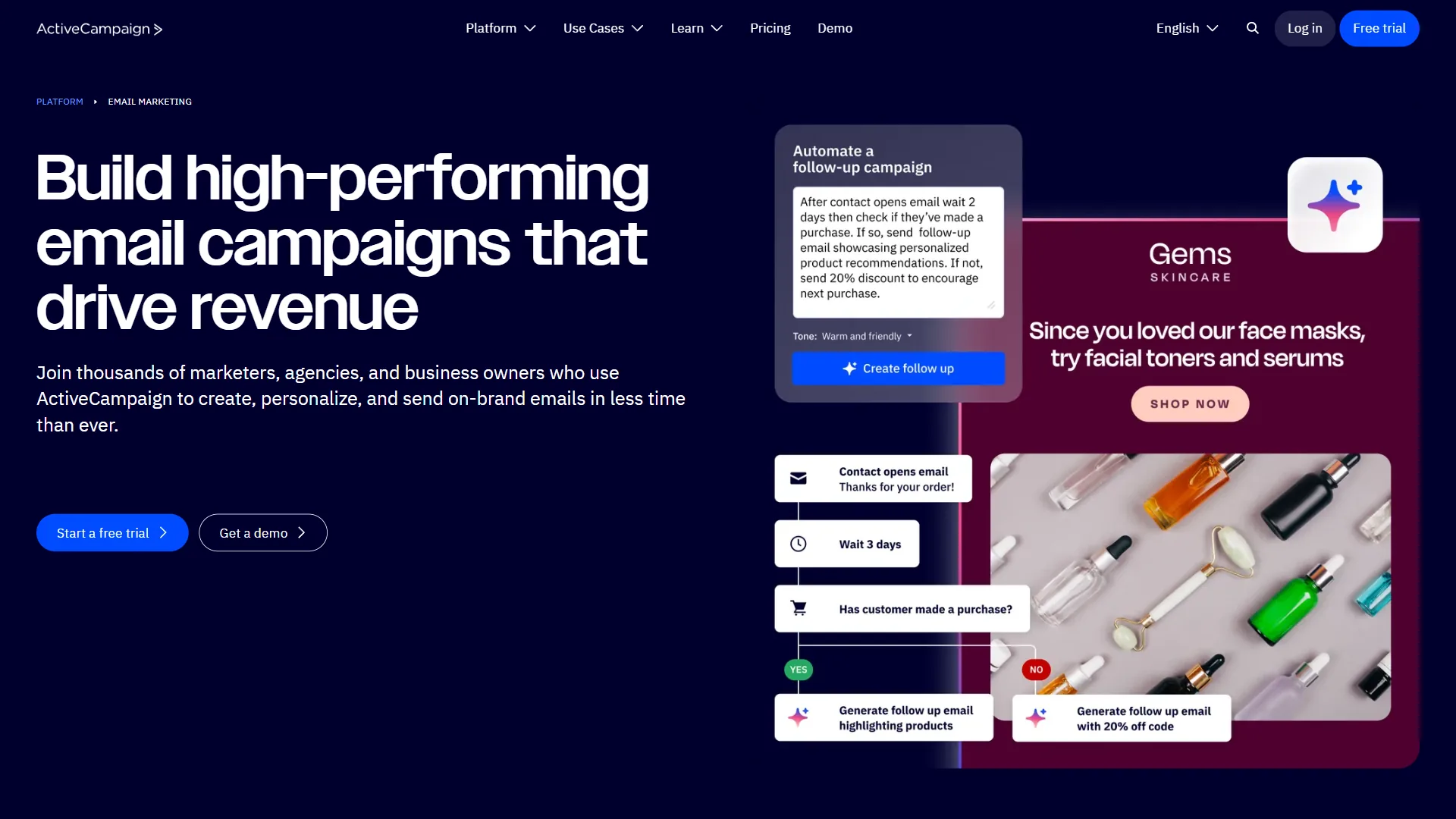 ActiveCampaign homepage showing email automation and CRM features