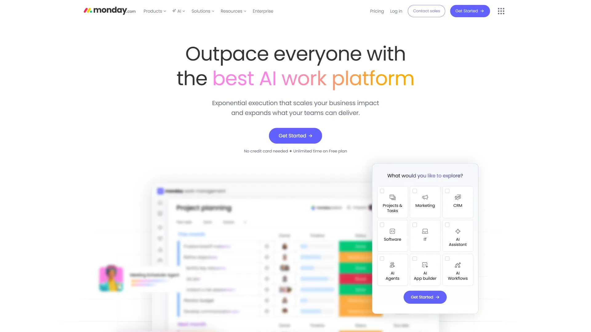 Monday.com visual board showing color-coded task columns, status indicators, and project timeline with team assignments