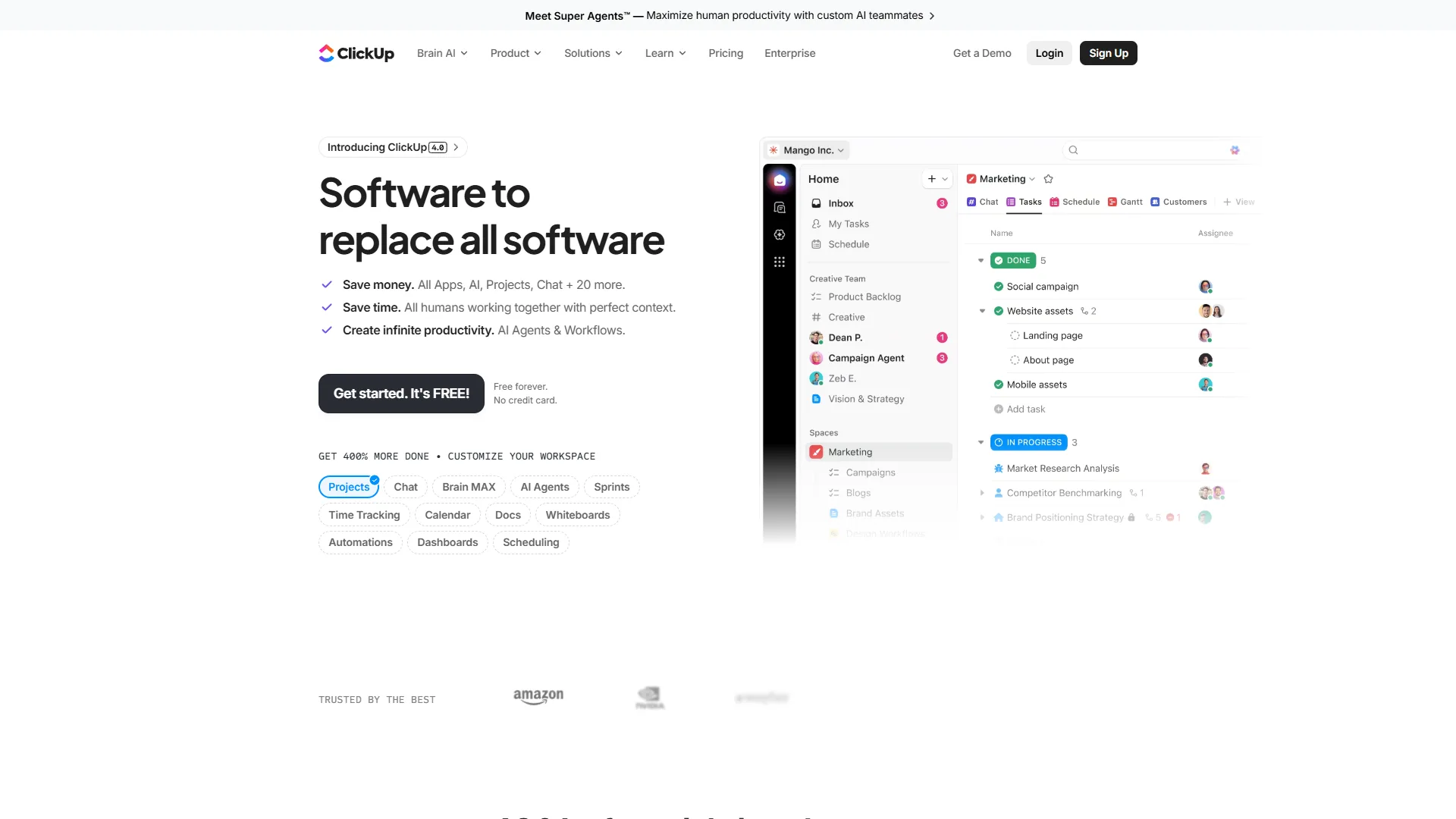 ClickUp 4.0 homepage with Software to replace all software headline showing workspace sidebar with Brain AI, Chat, Projects, and a task board with status columns