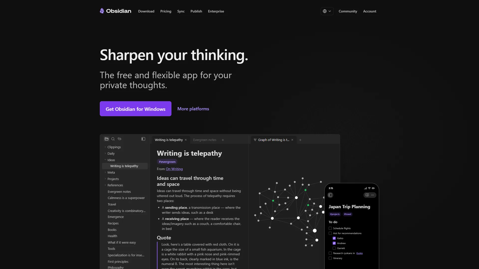 Obsidian knowledge management app homepage showing the graph view and note editor interface in dark mode