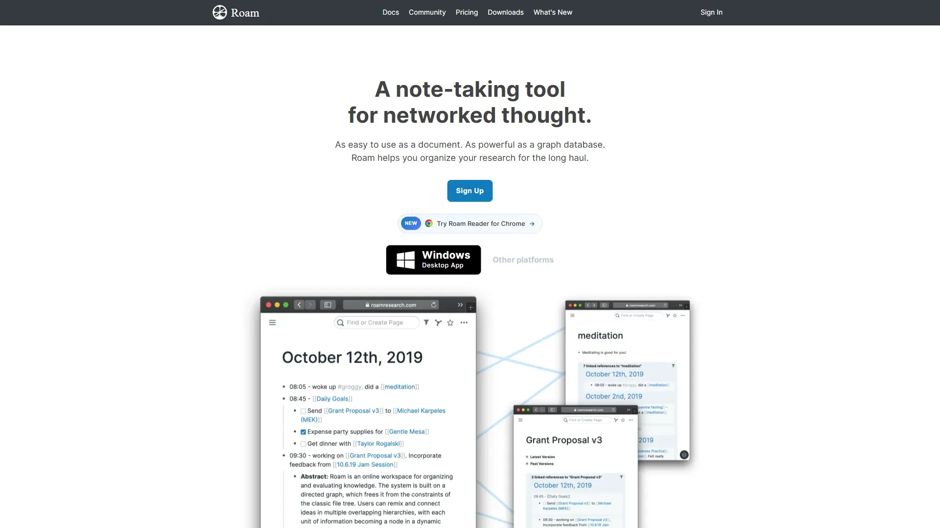Roam Research homepage describing itself as a note-taking tool for networked thought with graph database capabilities