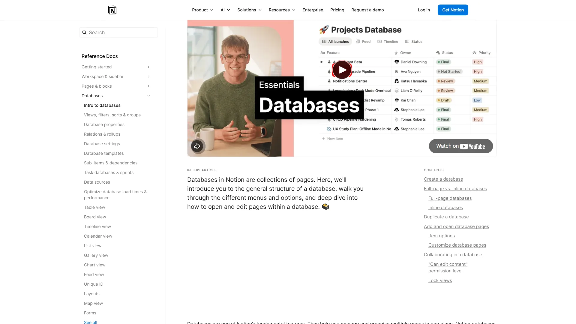 Notion docs page for databases with sidebar navigation, intro text, and embedded YouTube tutorial